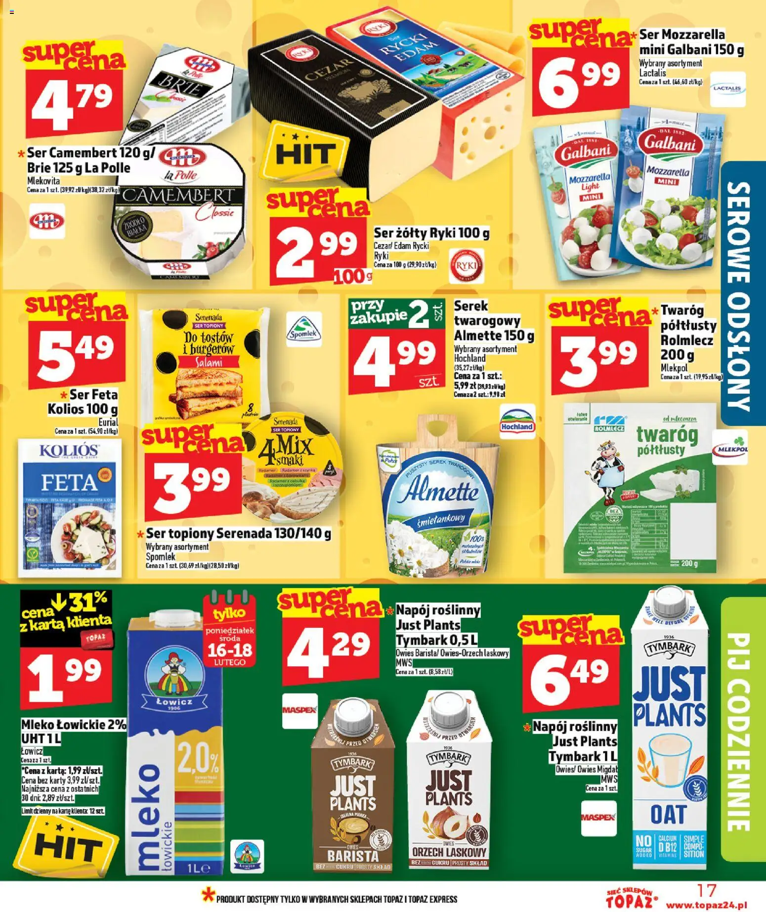 Topaz Gazetka - Ceny małe na stałe od 12.02.2026 | Strona: 17 | Produkty: Ser żółty, Ser topiony, Mleko, Salami