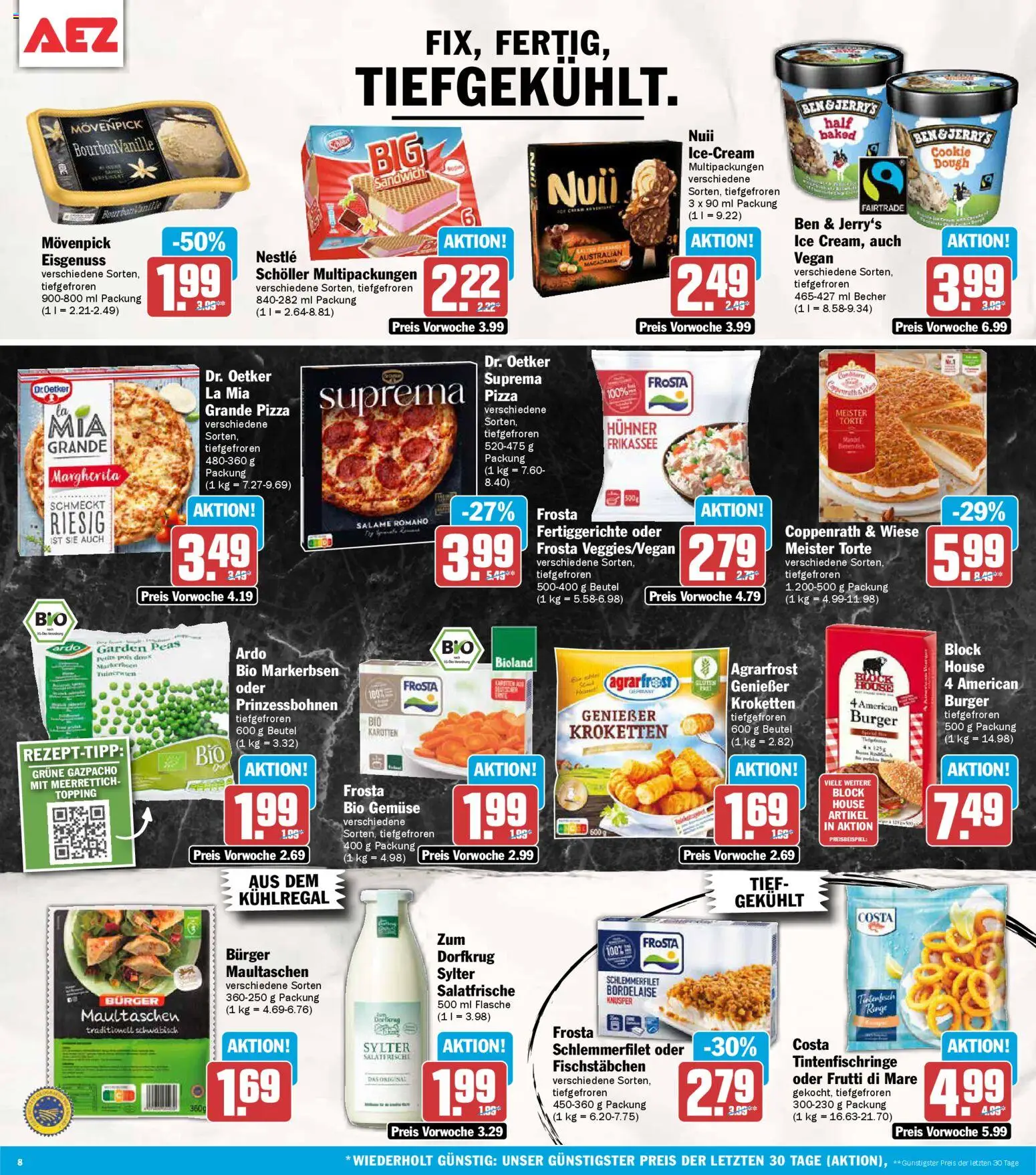 AEZ Prospekt 	 – gültig ab 16.03.2026 | Seite: 8 | Produkte: Burger, Fischstabchen, Pizza, Maultaschen