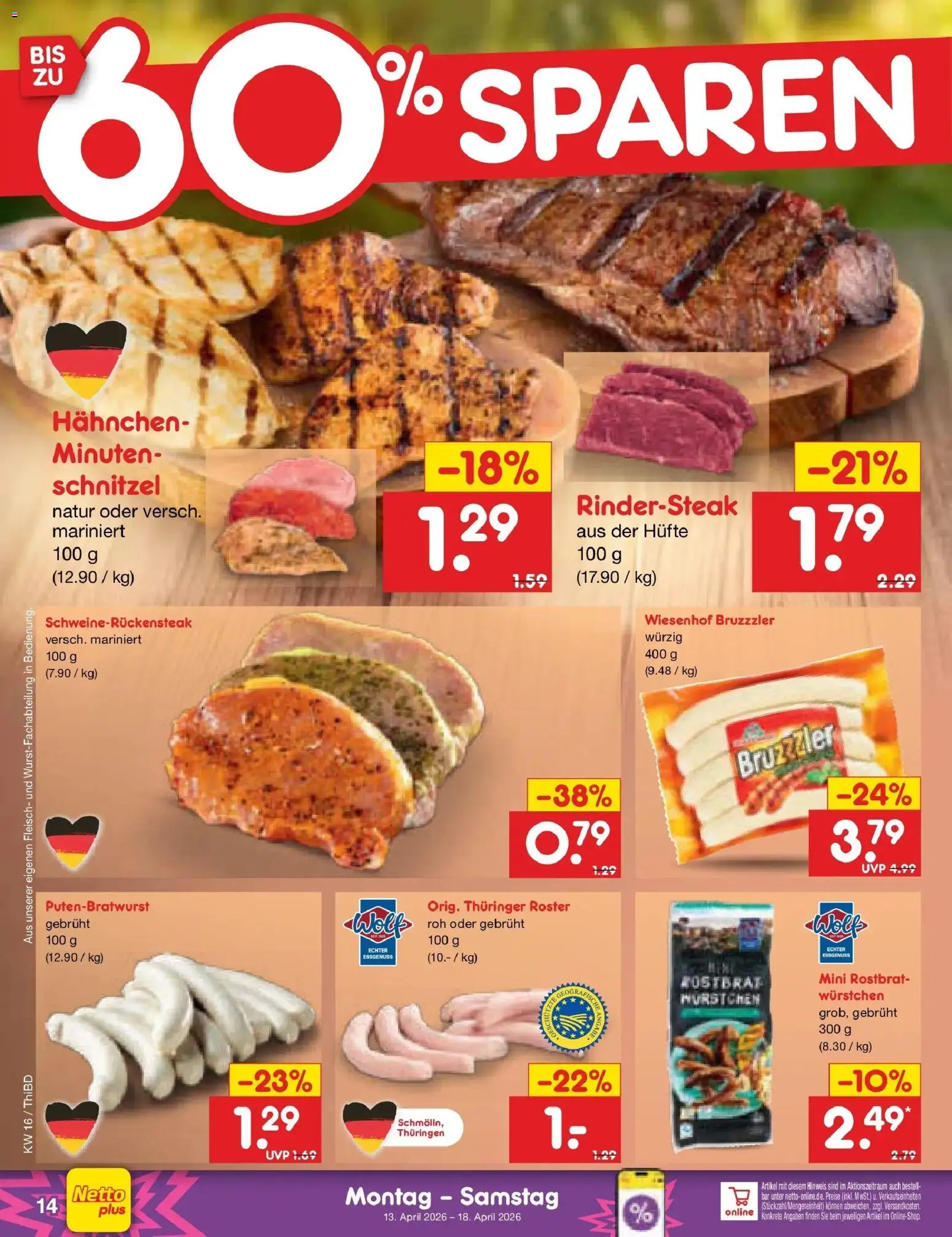 Netto Marken-Discount Prospekt Thiendorf	 – gültig ab 13.04.2026 | Seite: 16 | Produkte: Hahnchen, Schnitzel, Fleisch