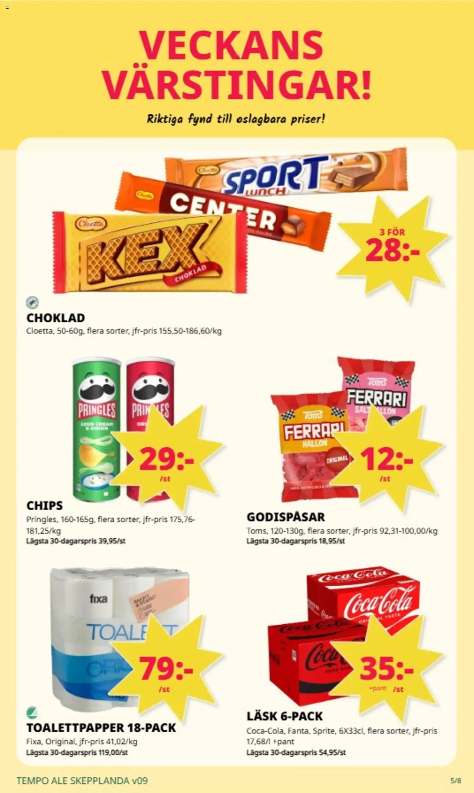 Tempo reklamblad aktuell från 23.02.2026 | Sida: 5 | Produkter: Chips, Coca cola, Choklad, Hallon