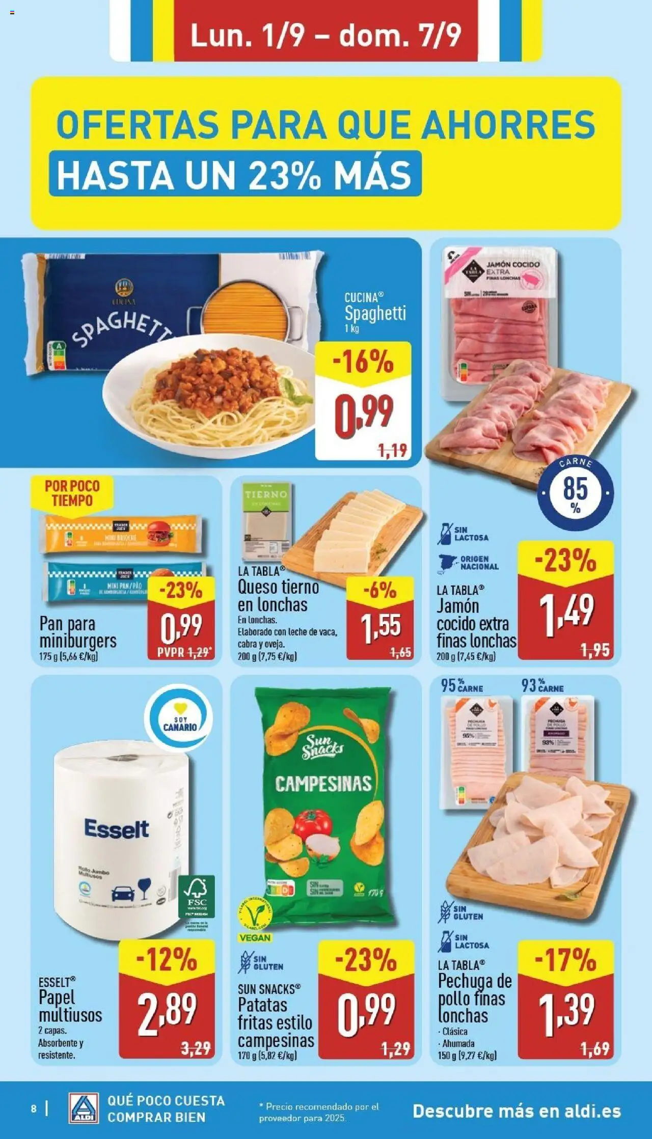 Aldi folleto Canarias │ válido desde el 01.09.2025 | Página: 8 | Productos: Queso, Jamón, Jamón cocido, Pasta
