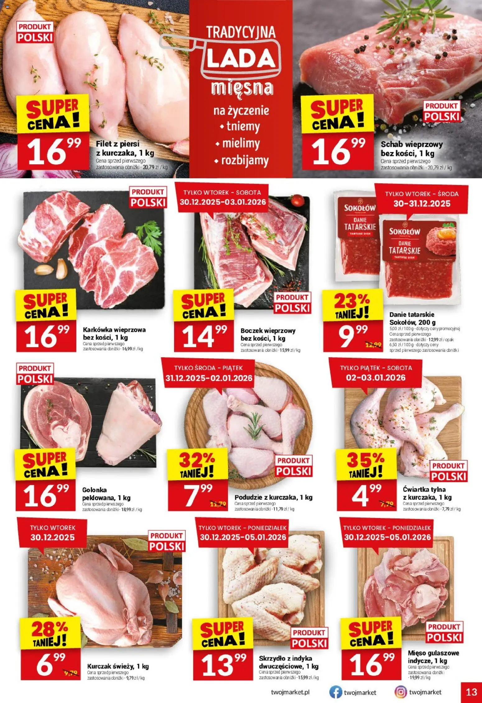 Twój Market Gazetka od 29.12.2025 | Strona: 13 | Produkty: Karkówka, Piersi, Mięso, Boczek wieprzowy
