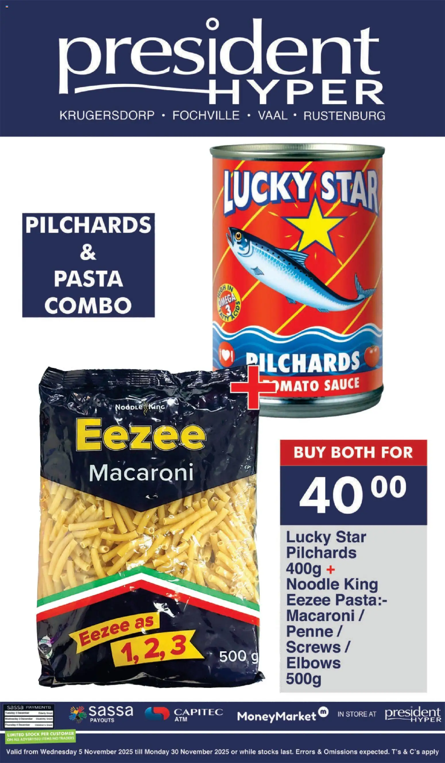 New President Hyper catalogue – valid from 05.11.2025 | Page: 5 | Products: Pilchards, Pasta, Stock, Sauce