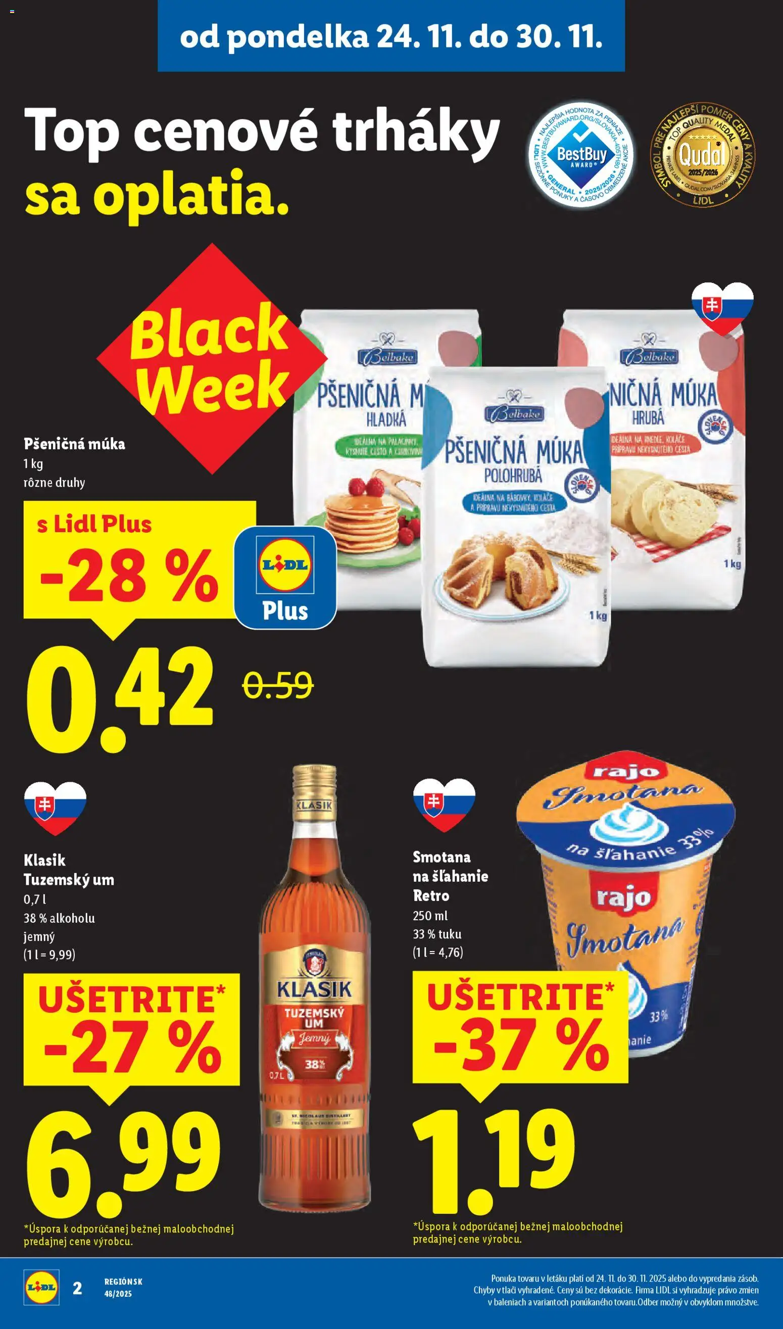 Nové Lidl akcie – leták je platný od 24.11.2025 | Strana: 2 | Produkty: Pšeničná múka, Múka, Rum, Smotana na šľahanie
