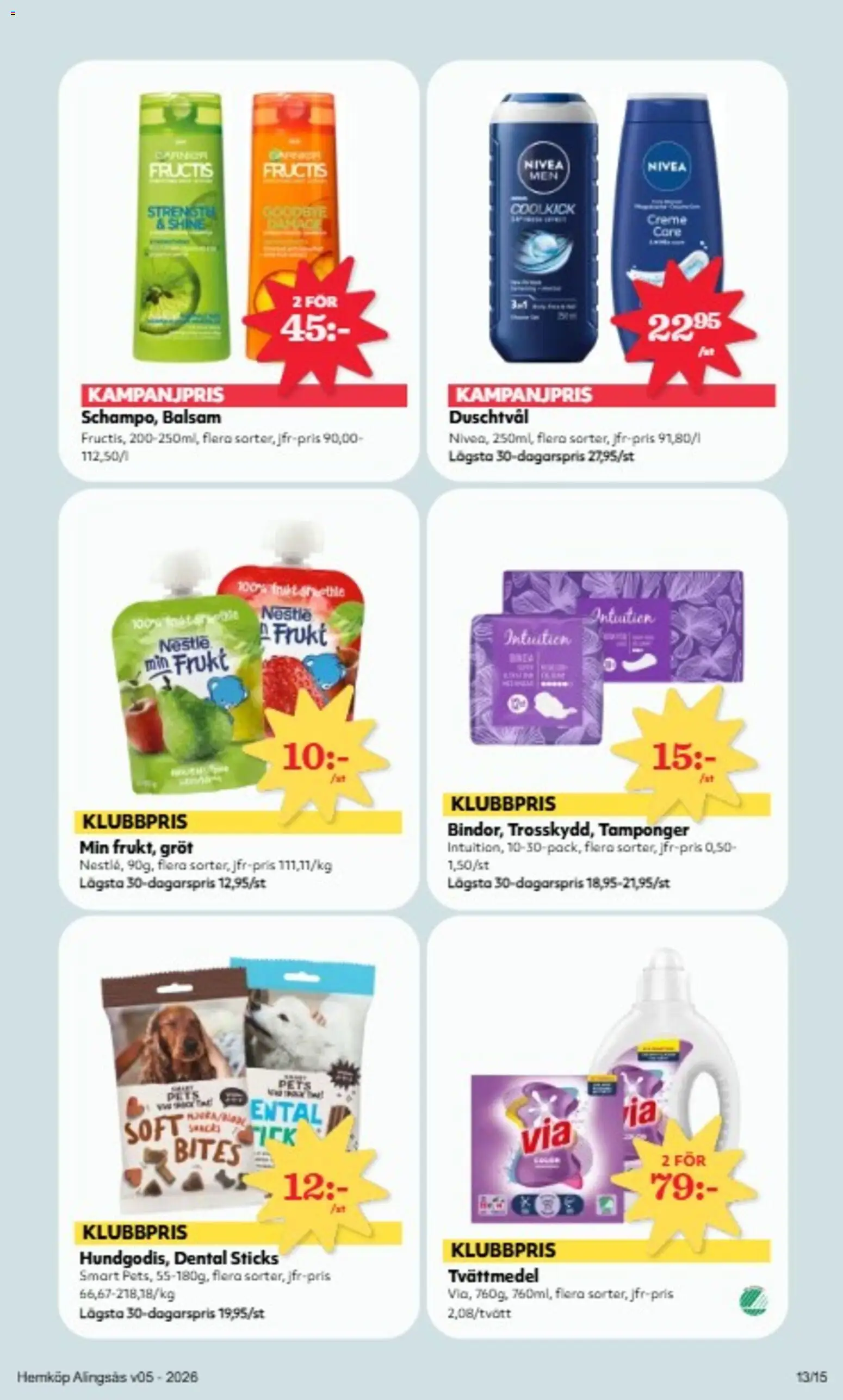 Hemköp reklamblad aktuell från 26.01.2026 | Sida: 13 | Produkter: Balsam, Duschtvål, Tvättmedel