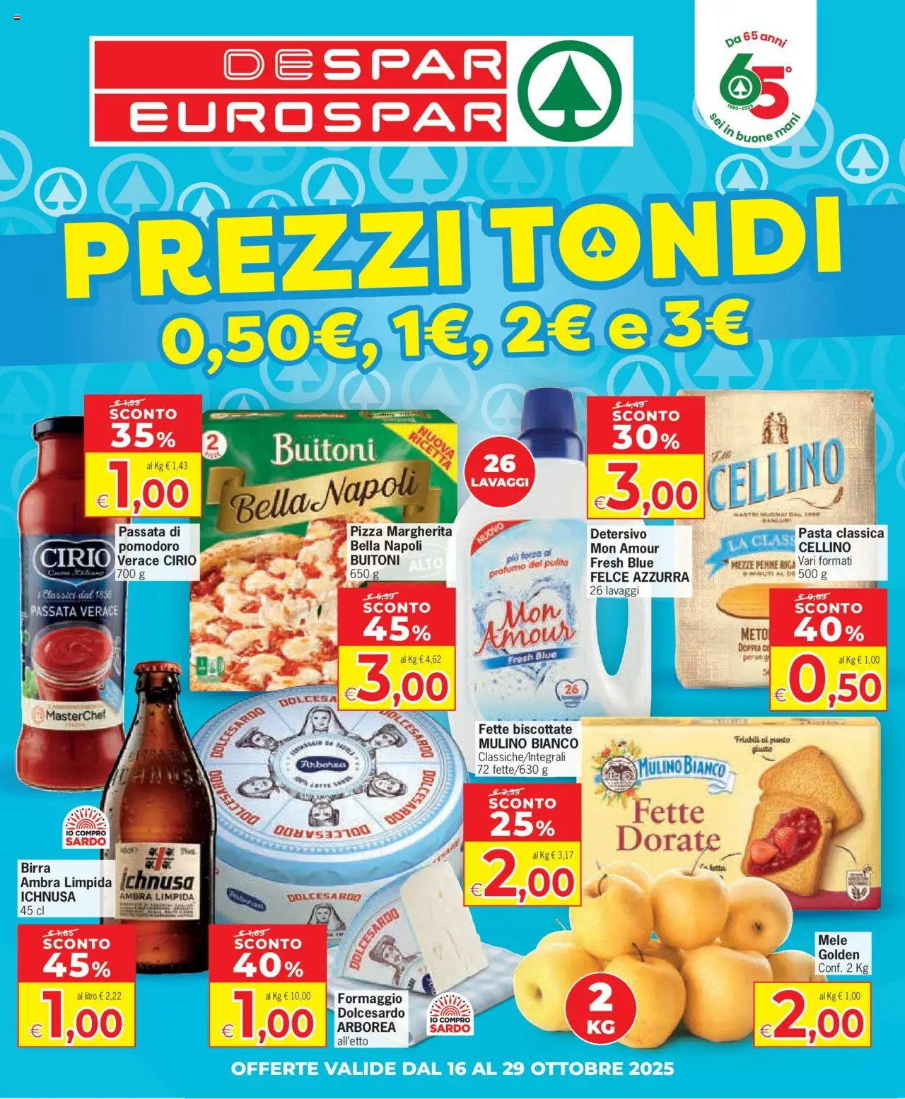 Volantino Eurospar del 16.10.2025 | Pagina: 1 | Prodotti: Mele, Formaggio, Pasta, Fette biscottate