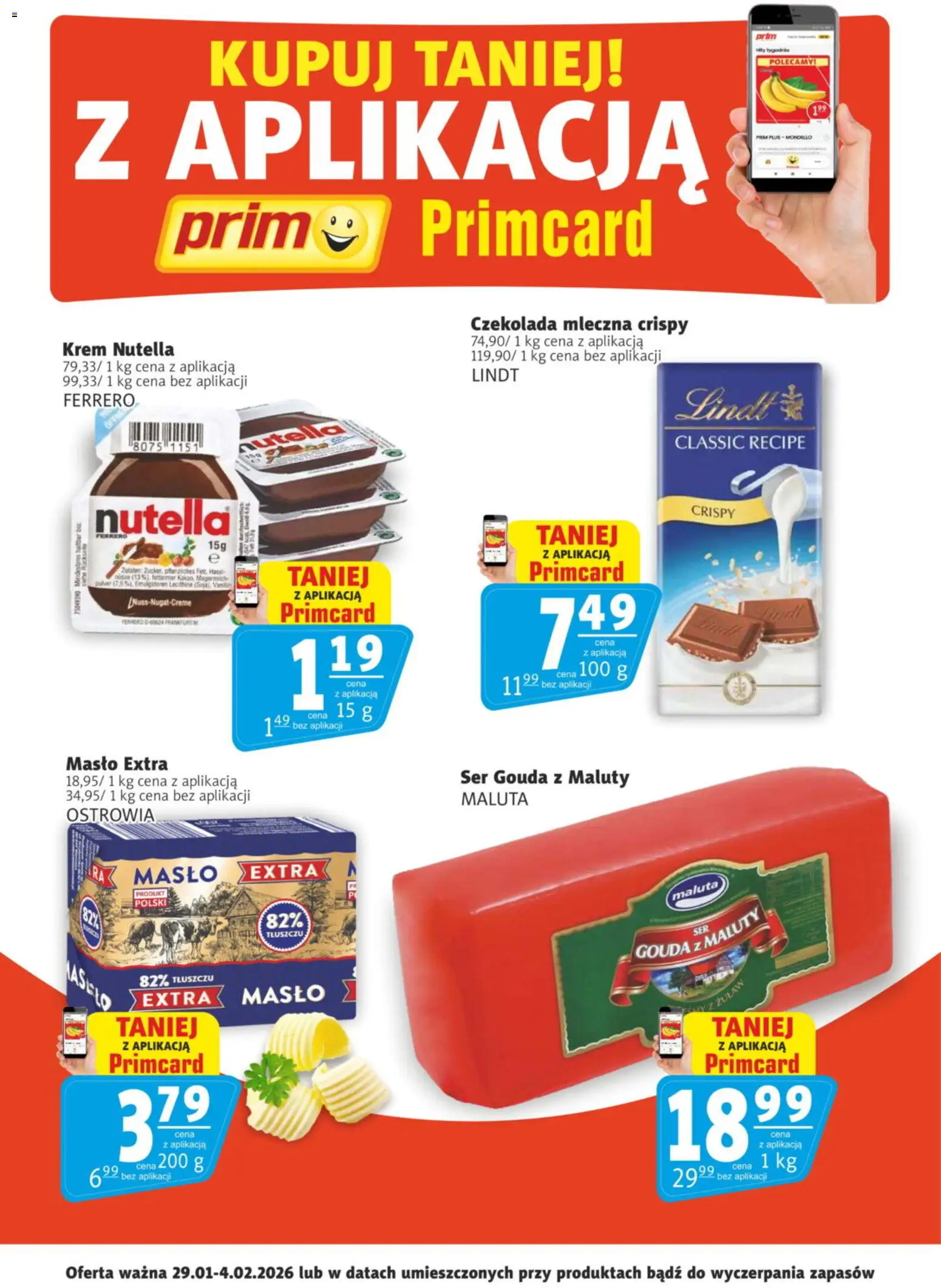 Prim Market Promocje - Primcard od 29.01.2026 | Strona: 1 | Produkty: Ser, Czekolada, Krem, Ser gouda