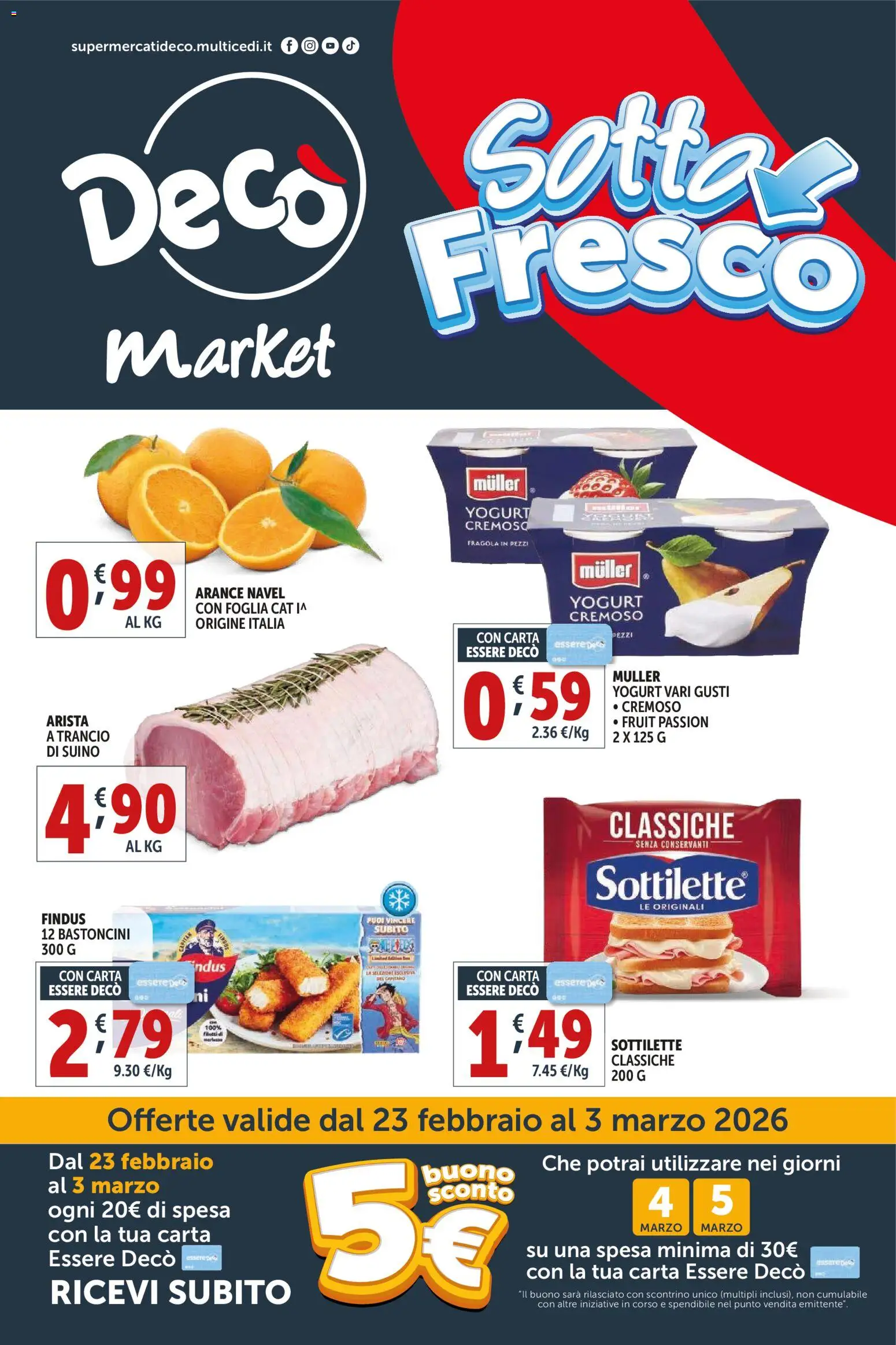 Volantino Decò del 23.02.2026 | Pagina: 1 | Prodotti: Yogurt, Arance, Suino