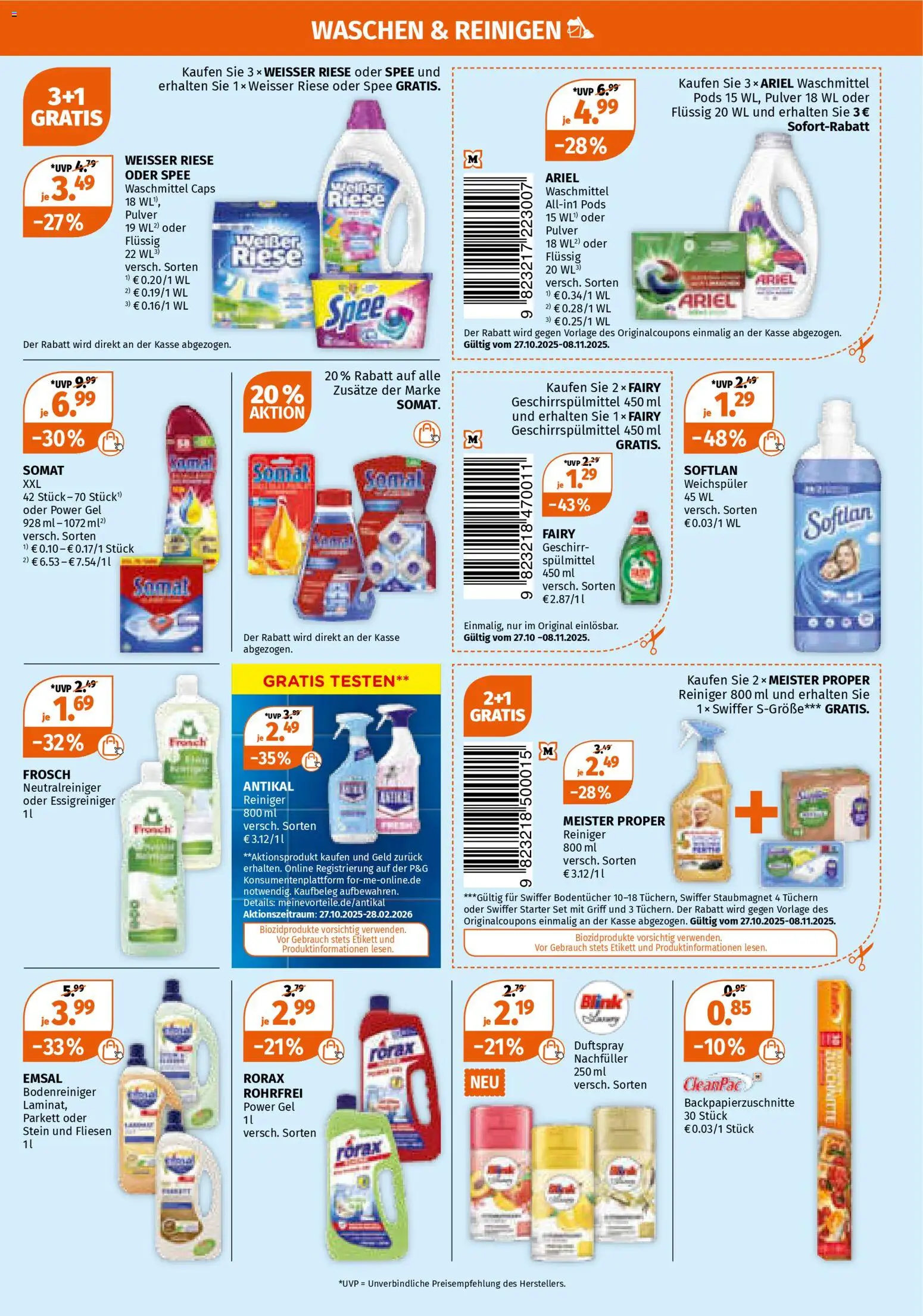 Müller Prospekt 	 – gültig ab 27.10.2025 | Seite: 9 | Produkte: Weichspüler, Waschmittel, Geschirrspülmittel, Swiffer