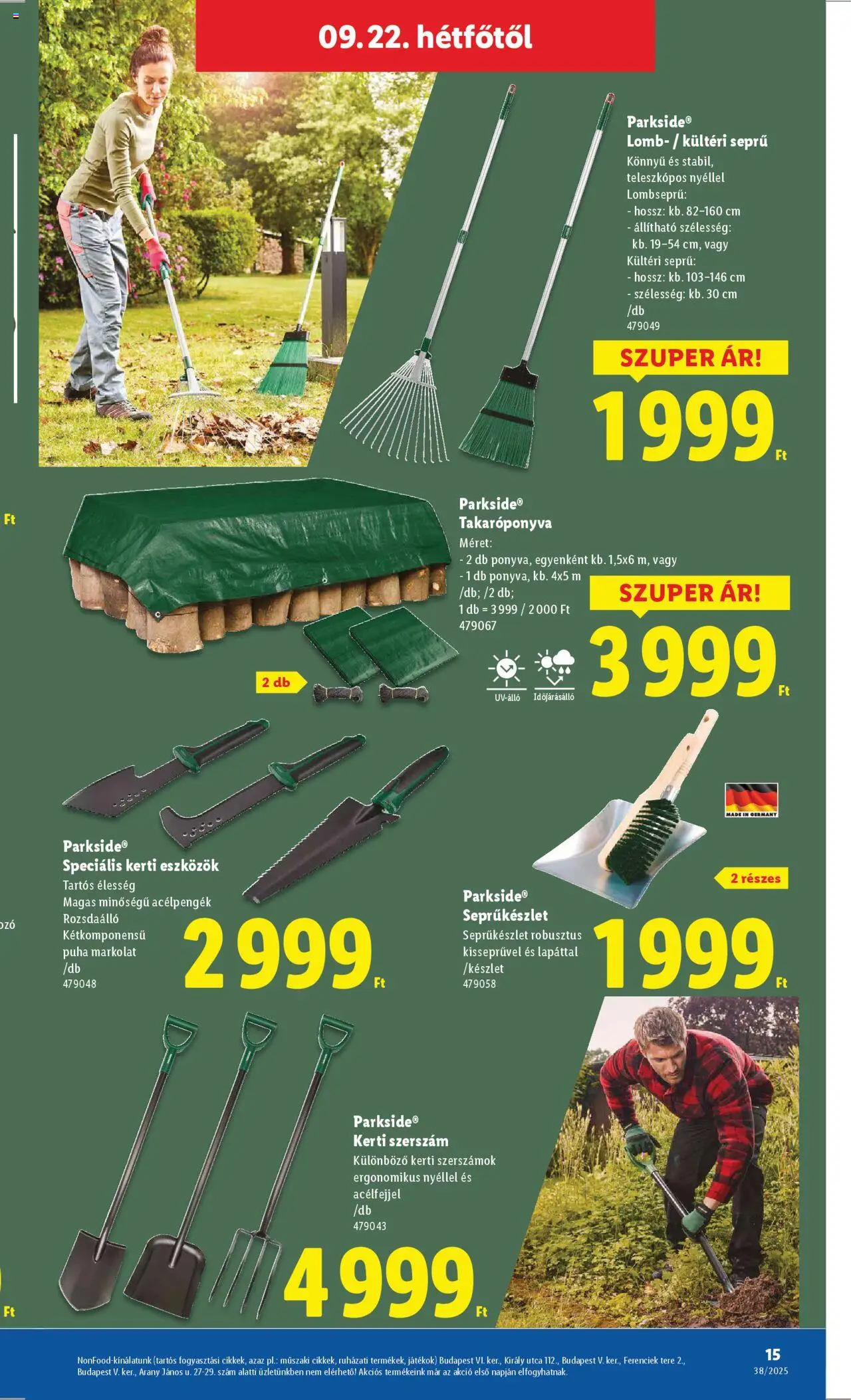 Lidl akciós ujság - amely érvényes a következő dátumtól: 18.09.2025 | Oldal: 15 | Termékek: Parkside, Takaróponyva, Játékok, Kerti szerszámok