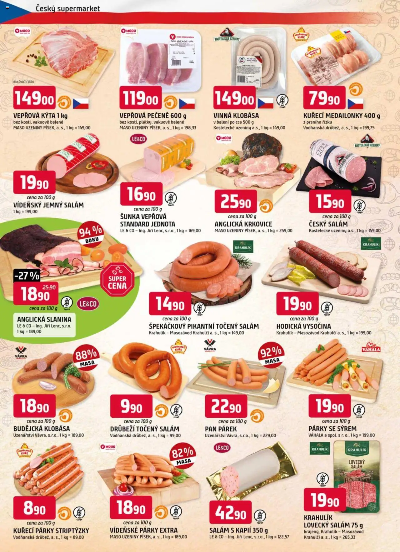 Trefa leták od 22.10.2025 | Strana: 2 | Produkty: Salám, Vídeňské párky, Anglická slanina, Kuře