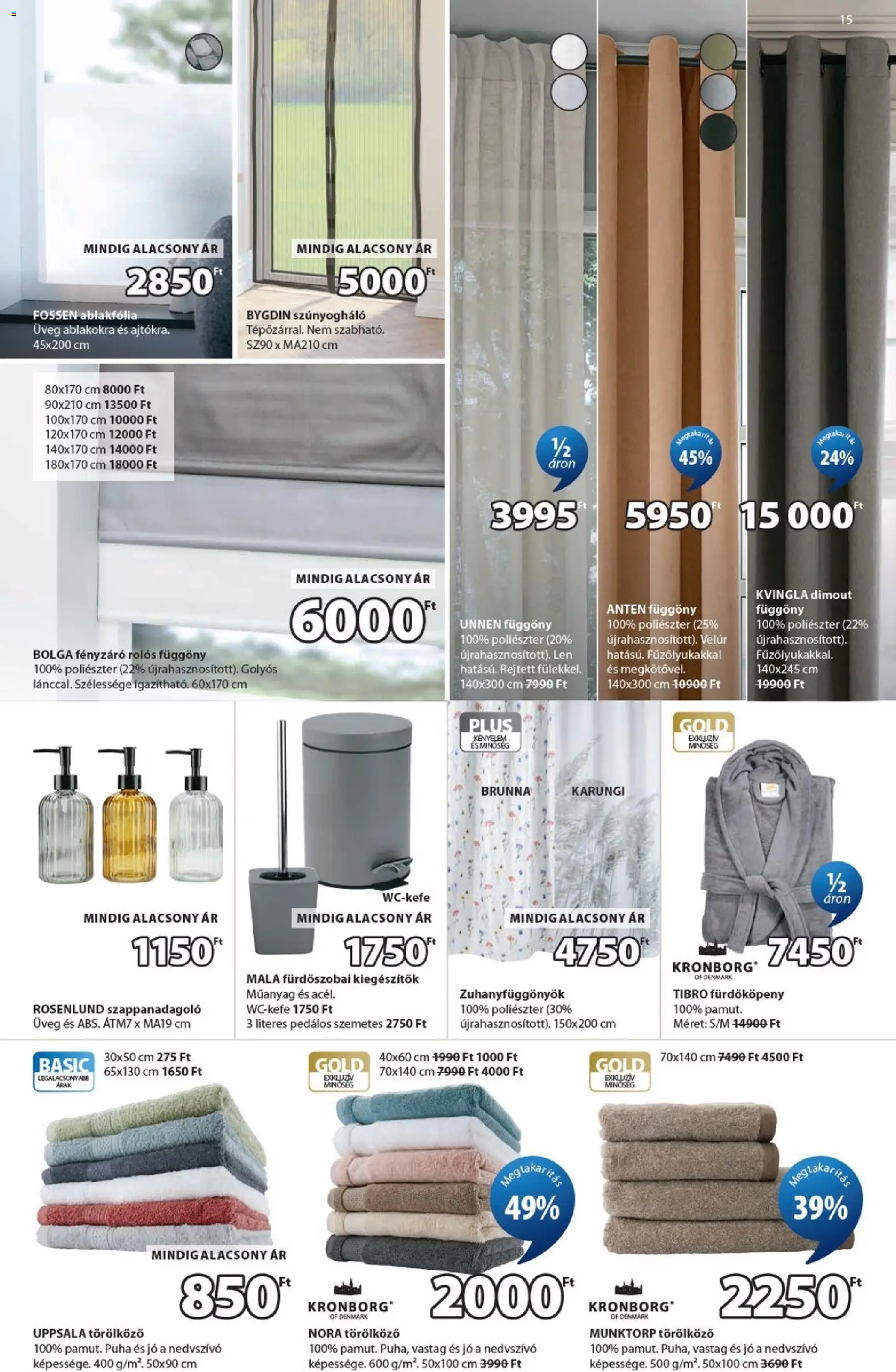 JYSK akciós ujság - amely érvényes a következő dátumtól: 15.04.2026 | Oldal: 15 | Termékek: Törölköző, Függöny, Szúnyogháló, Ablakfólia