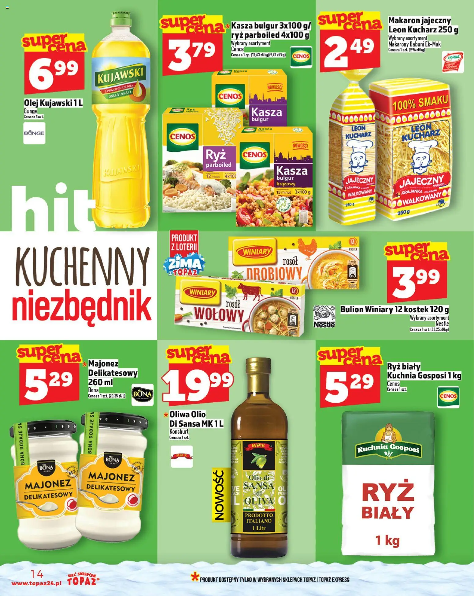Topaz Gazetka MAZ od 27.11.2025 | Strona: 14 | Produkty: Olej kujawski, Makarony, Makaron, Kasza bulgur
