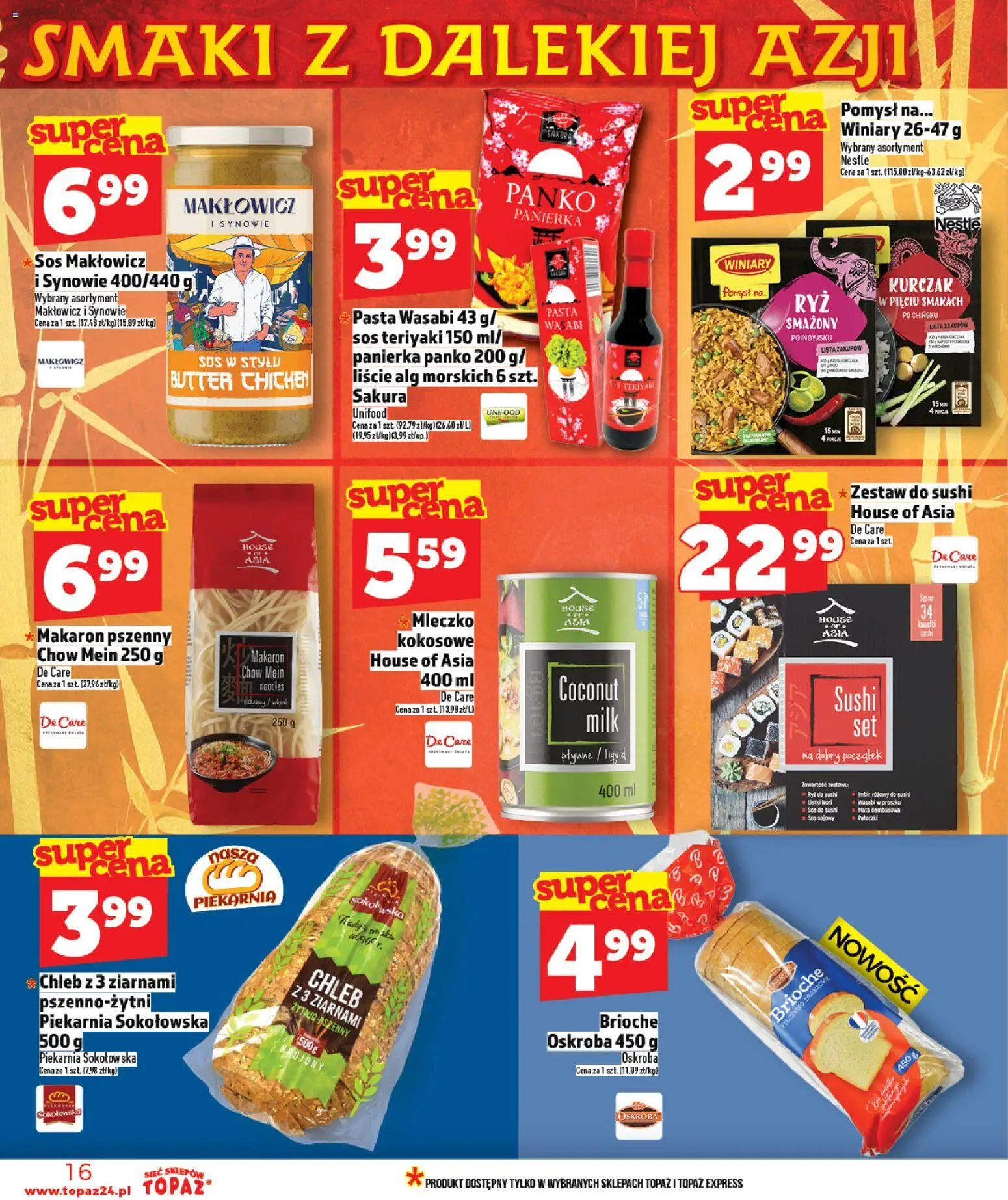 Topaz Gazetka - Ceny małe na stałe od 22.01.2026 | Strona: 16 | Produkty: Pieczywo, Kurczak, Sushi, Sos sojowy