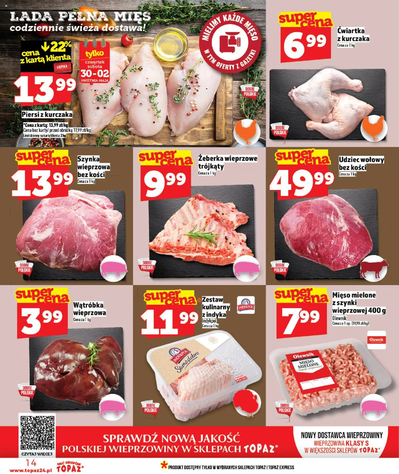 Topaz gazetka - Ceny małe na stałe od 30.04.2026 | Strona: 14 | Produkty: Karta, Piersi, Mięso, Mięso mielone