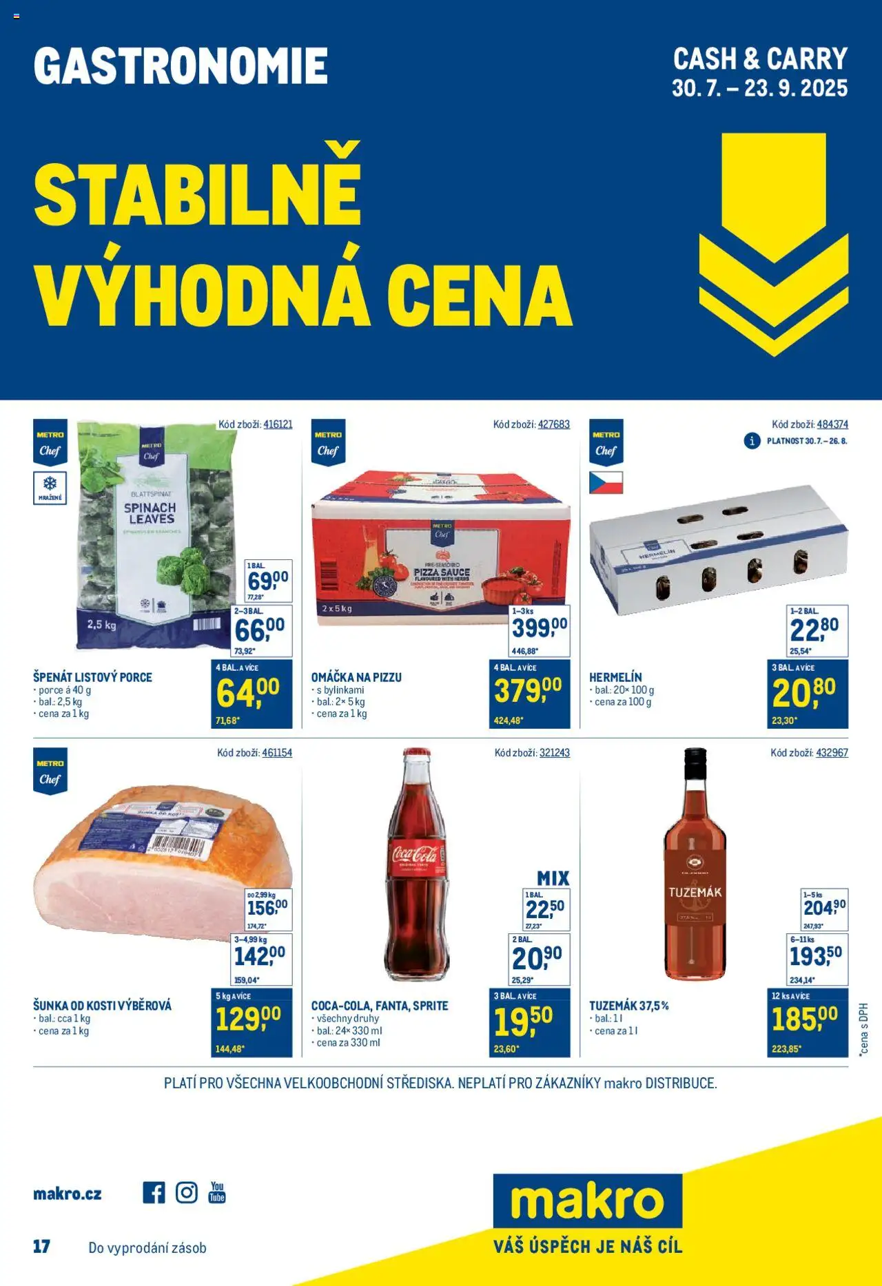 Makro leták - Stabilně výhodná cena – gastronomie od 30.07.2025 | Strana: 1 | Produkty: Šunka, Pizza, Sprite, Cola