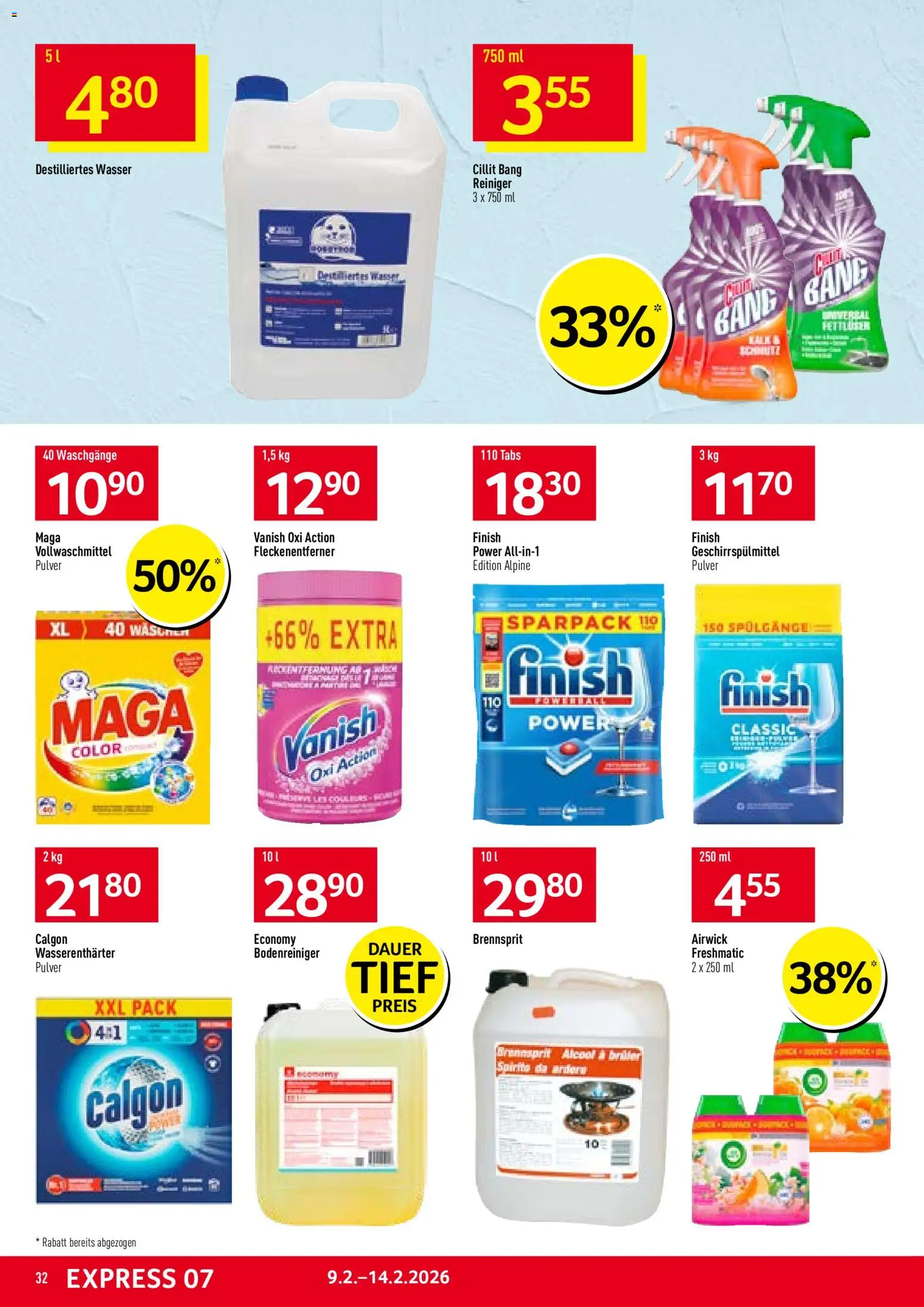 Prodega Aktionen – gültig ab 09.02.2026 | Seite: 32 | Produkte: Pulver, Geschirrspülmittel, Fleckenentferner, Wasser