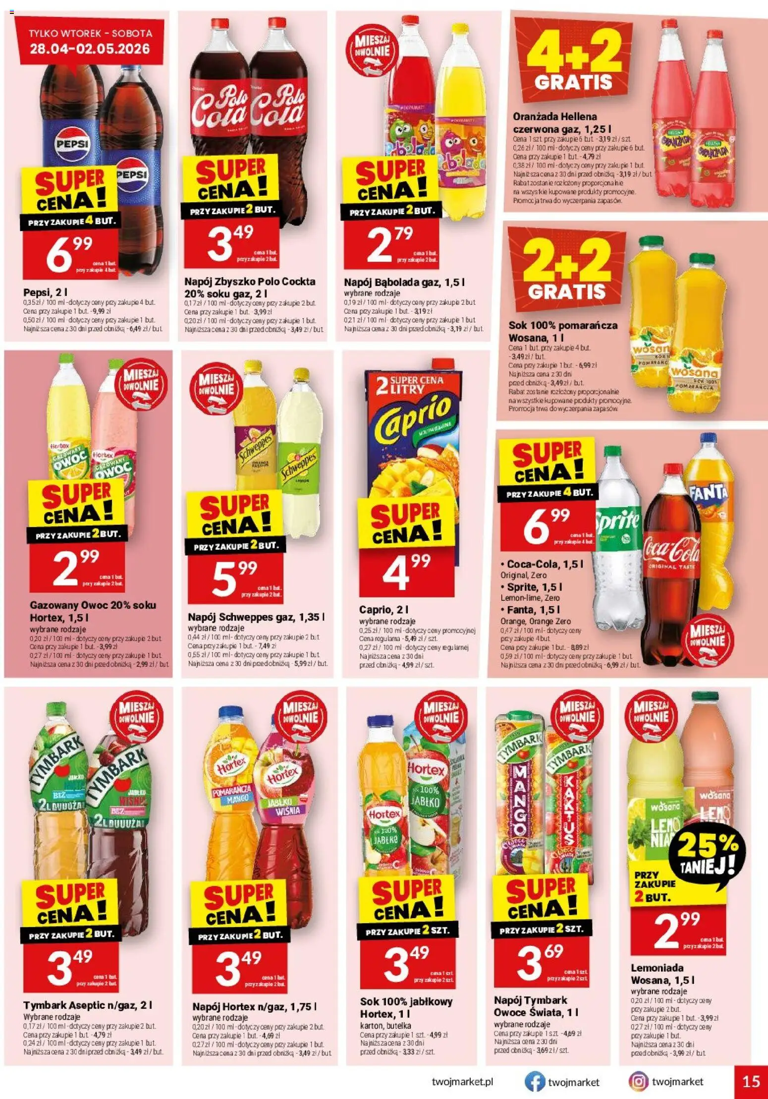 Twój Market gazetka od 28.04.2026 | Strona: 15 | Produkty: Mango, Pepsi, Sprite, Sok
