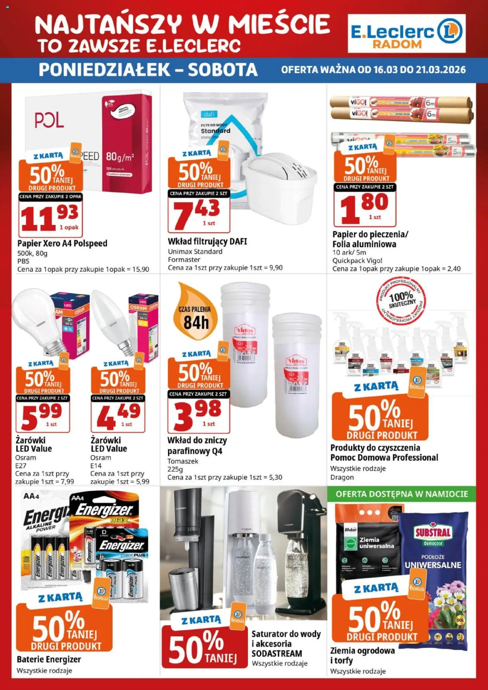 E.Leclerc gazetka - Radom od 16.03.2026 | Strona: 4 | Produkty: Karta, Ziemia ogrodowa, Baterie, Żarówki