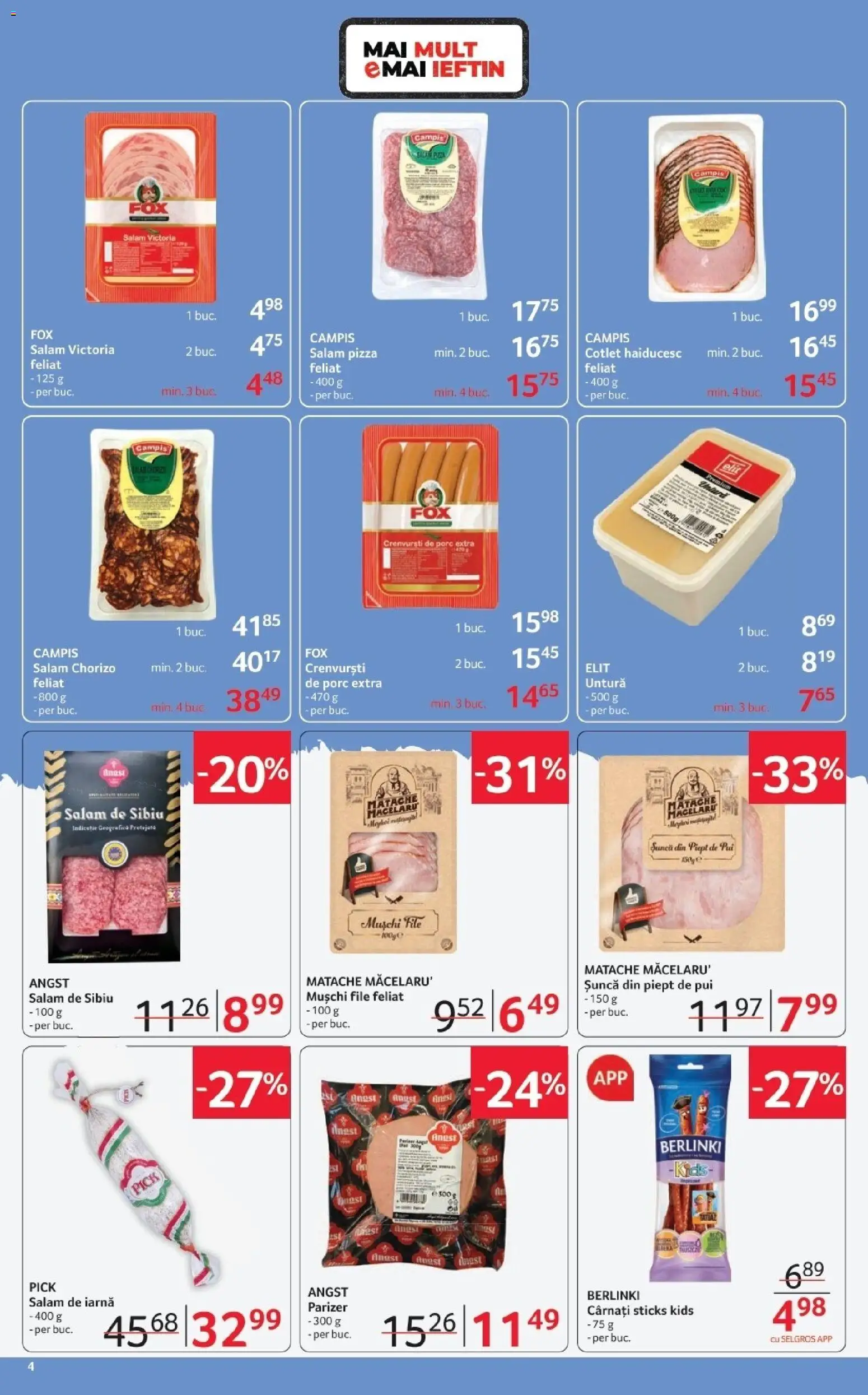Noul catalog Selgros – valabil de la 06.03.2026 | Pagină: 4 | Produse: Crenvurști, Salam, Pizza, Cârnați