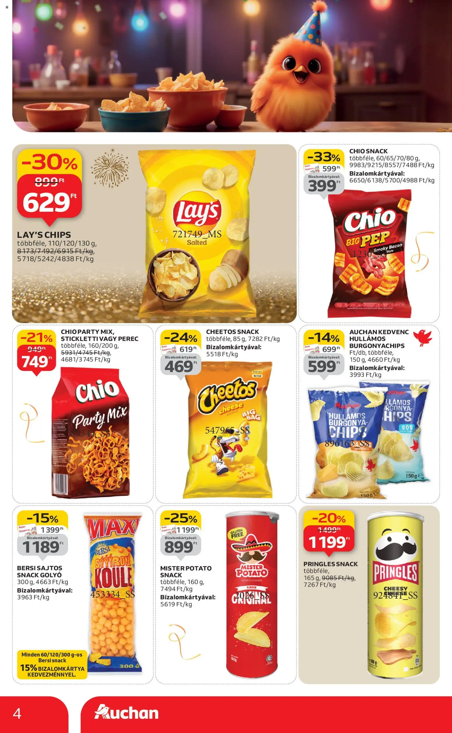 Auchan akciós ujság - amely érvényes a következő dátumtól: 27.12.2025 | Oldal: 4 | Termékek: Chips, Pringles, Bacon, Cheetos