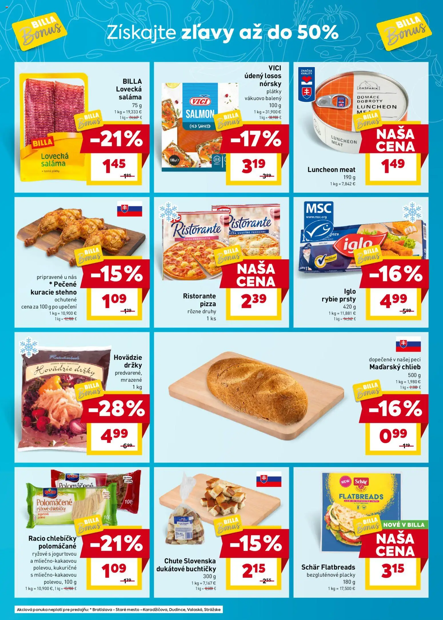 Nové Billa akcie – leták je platný od 19.11.2025 | Strana: 3 | Produkty: Chlieb, Saláma, Pizza, Losos