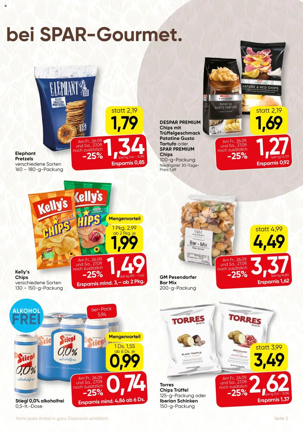 SPAR Gourmet Flugblatt gültig ab 25.09.2025 | Seite: 3 | Produkte: Chips, Salz, Schinken