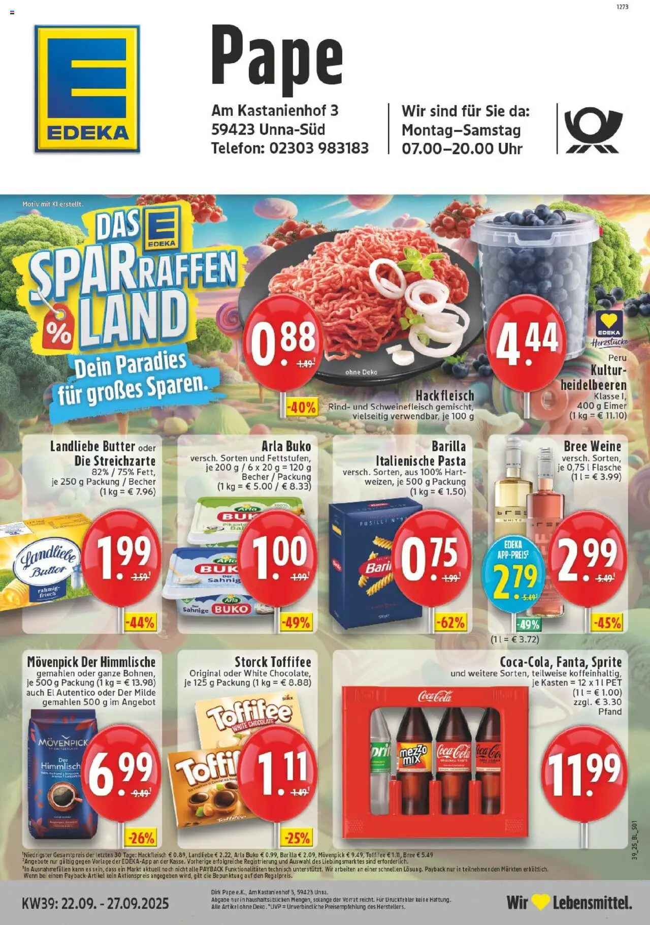 Edeka prospekt Unna	 – gültig ab 21.09.2025 | Seite: 1 | Produkte: Cola, Butter, Toffifee, Uhr