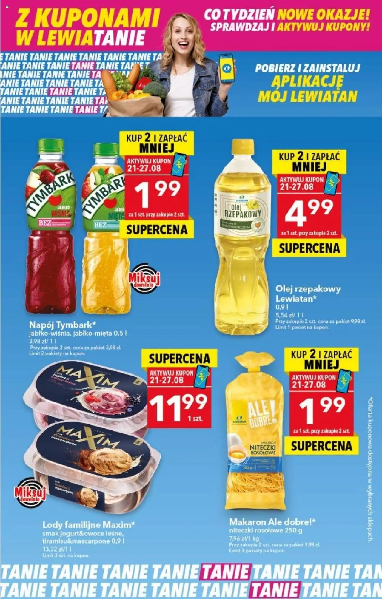 Lewiatan gazetka - Z Kuponami w Lewiatanie od 21.08.2025 | Strona: 1 | Produkty: Olej rzepakowy, Mascarpone, Olej, Lody