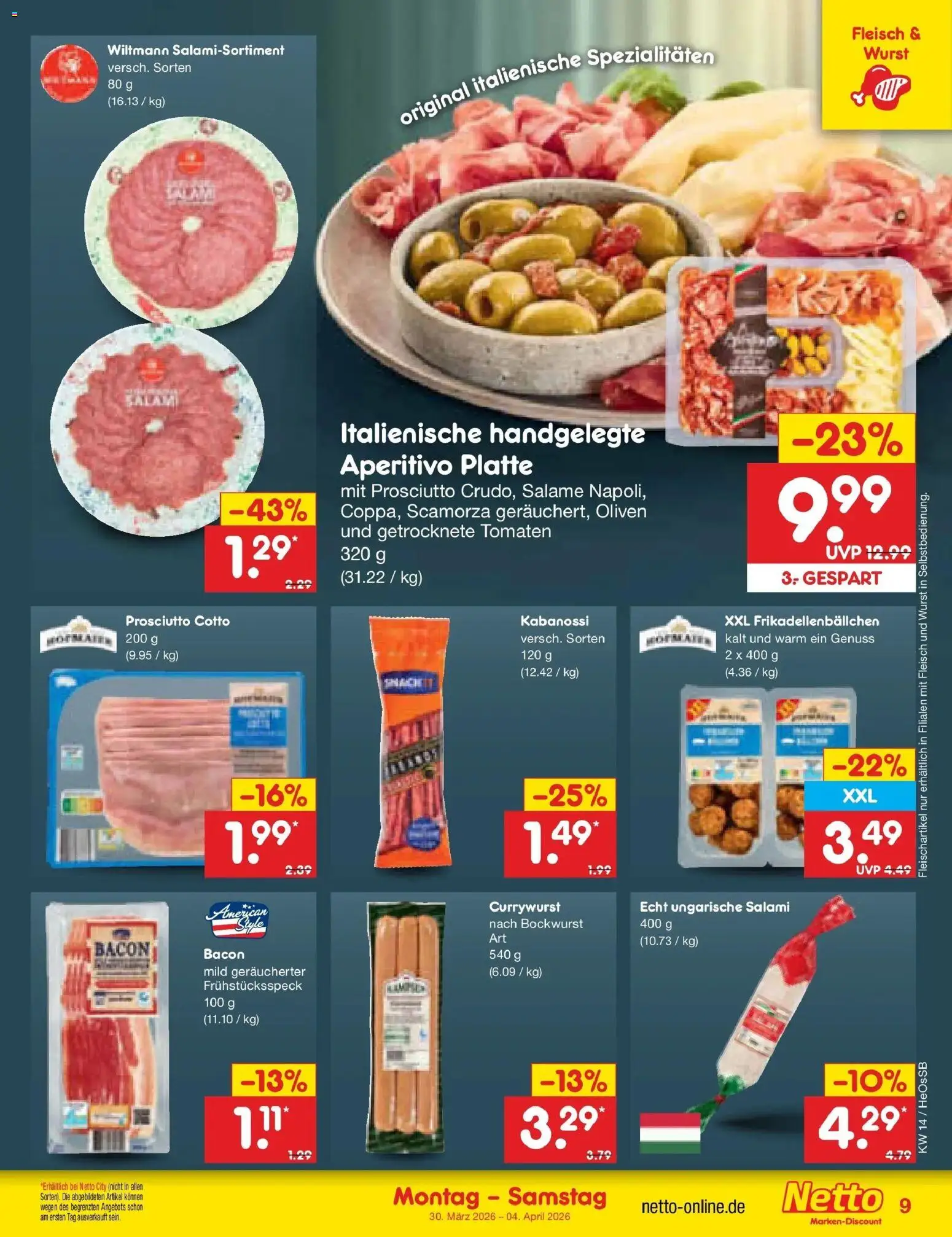 Netto Marken-Discount Prospekt Kröpelin	 – gültig ab 30.03.2026 | Seite: 9 | Produkte: Bockwurst, Wurst, Salami, Fleisch