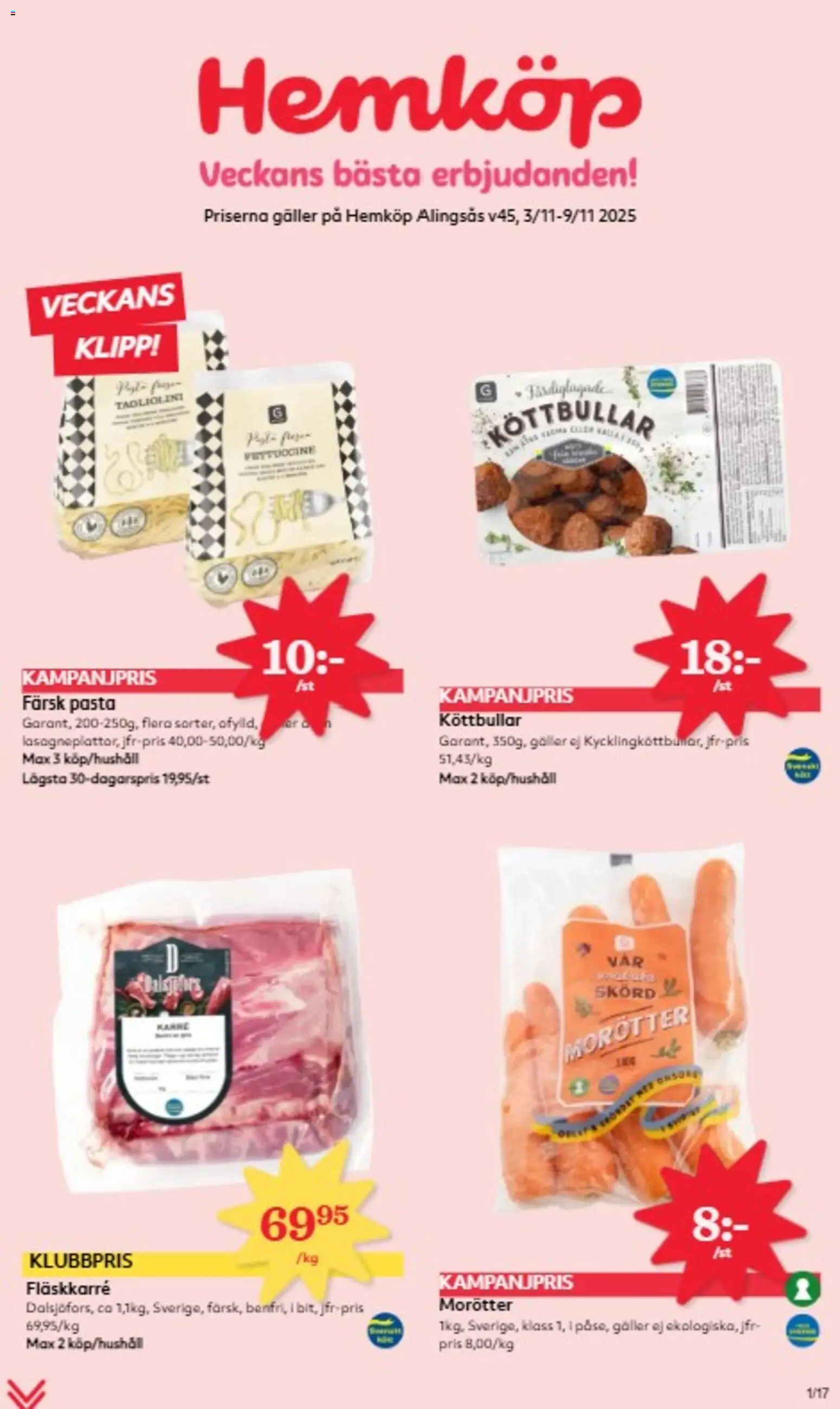 Hemköp reklamblad aktuell från 03.11.2025 | Sida: 1 | Produkter: Köttbullar, Galler, Pasta