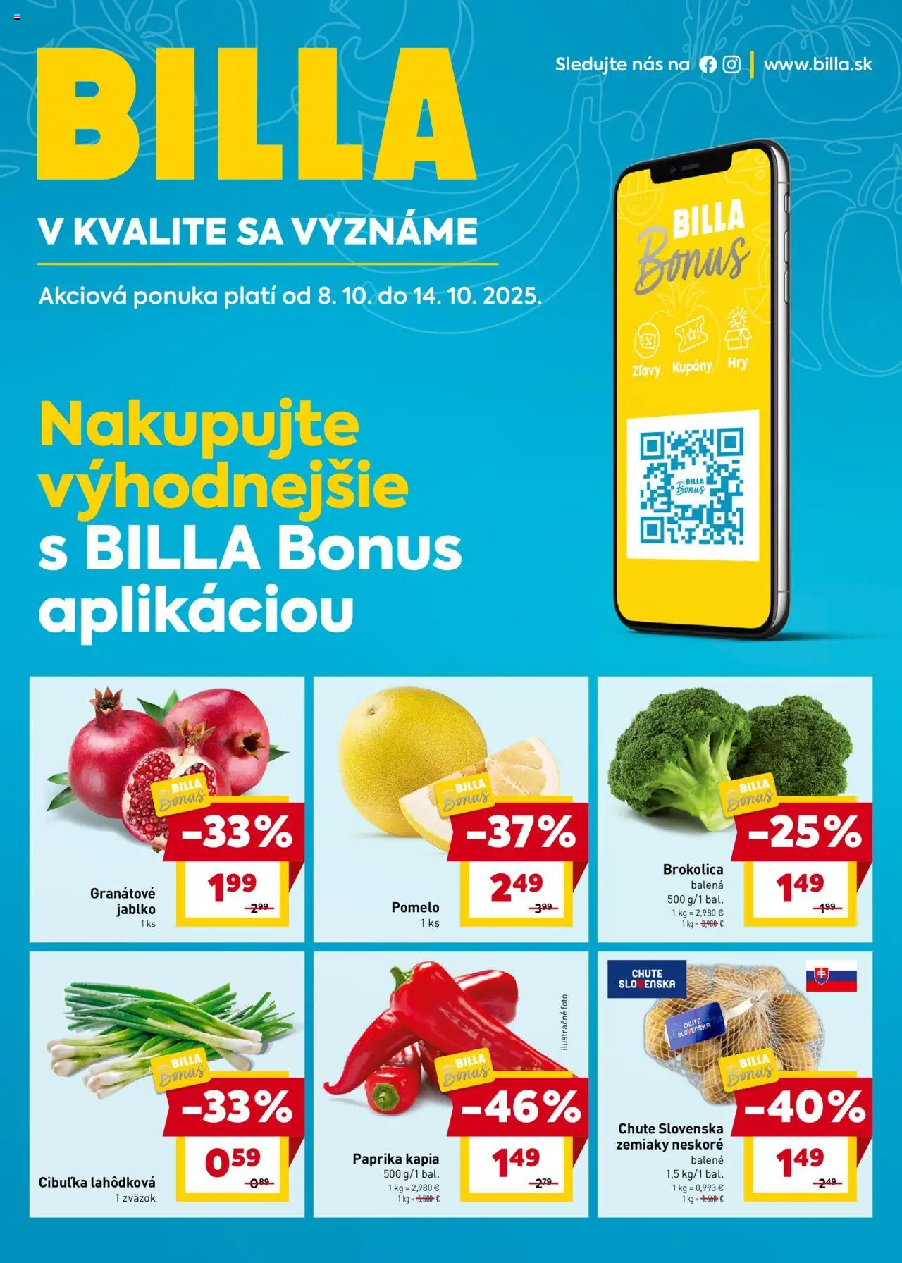 Nové Billa akcie – leták je platný od 08.10.2025 | Strana: 1 | Produkty: Paprika, Zemiaky, Pomelo, Kápia