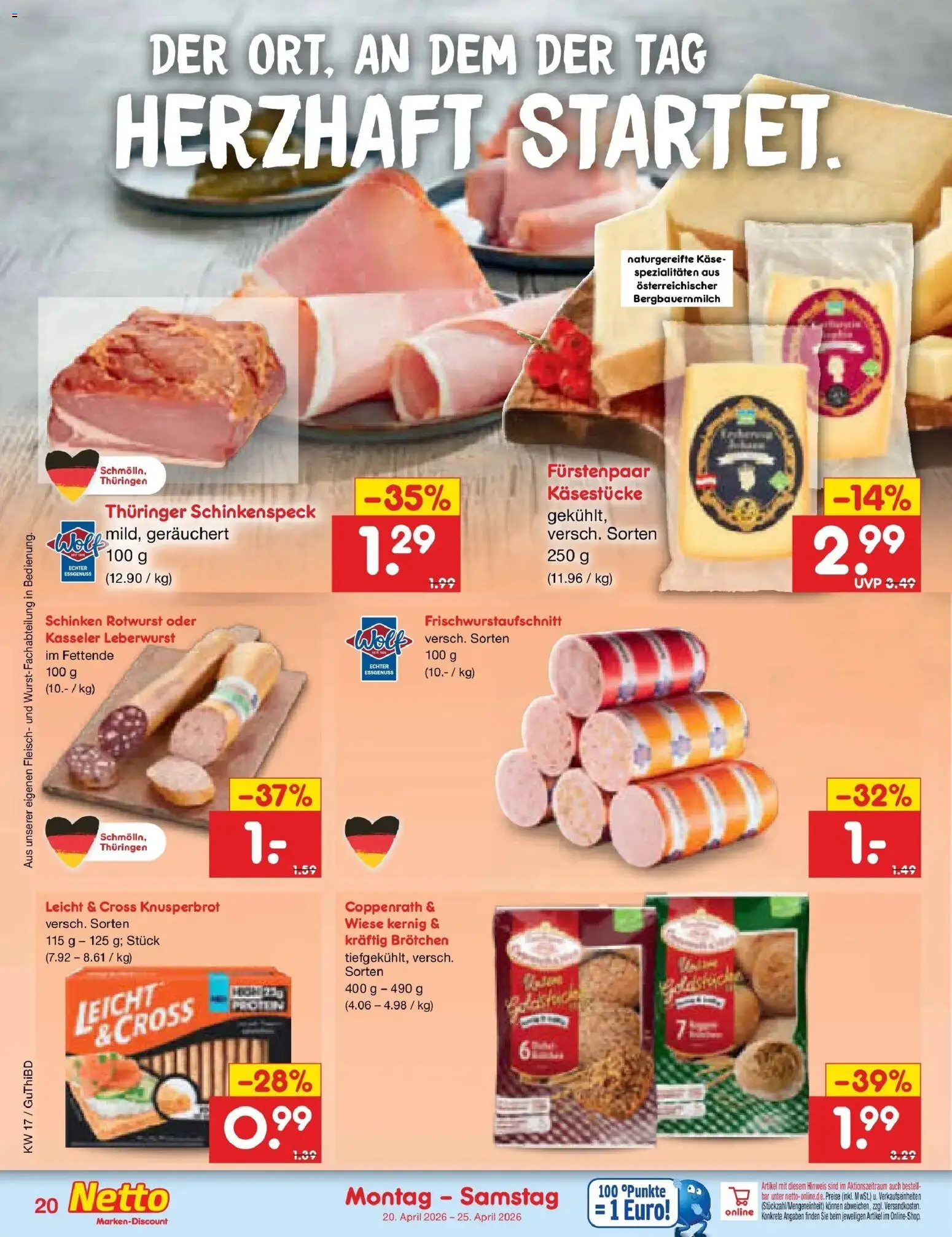 Netto Marken-Discount Prospekt Thiendorf	 – gültig ab 20.04.2026 | Seite: 22 | Produkte: Käse, Schinken, Fleisch