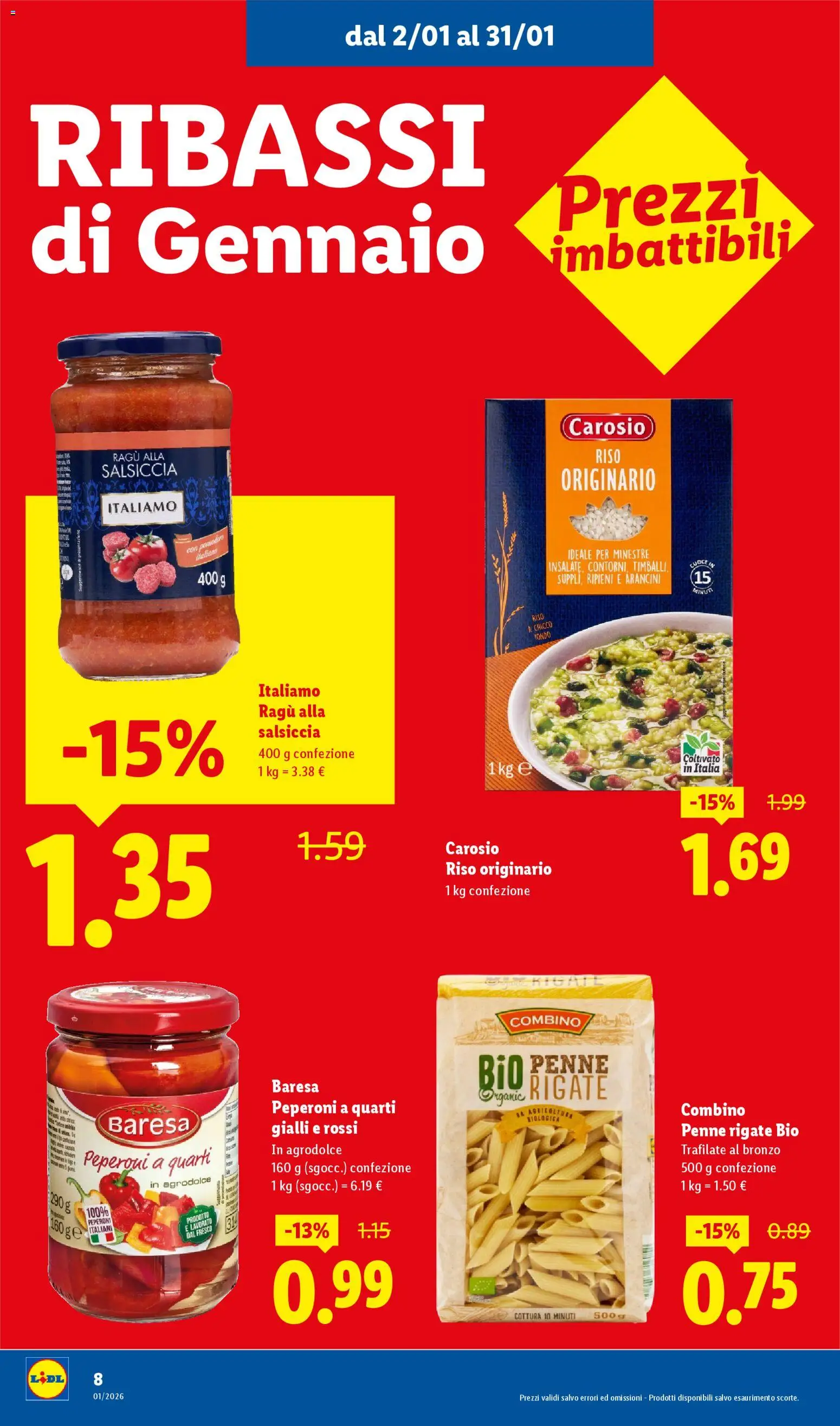 Volantino Lidl del 02.01.2026 | Pagina: 8 | Prodotti: Riso, Peperoni, Salsiccia, Ragú