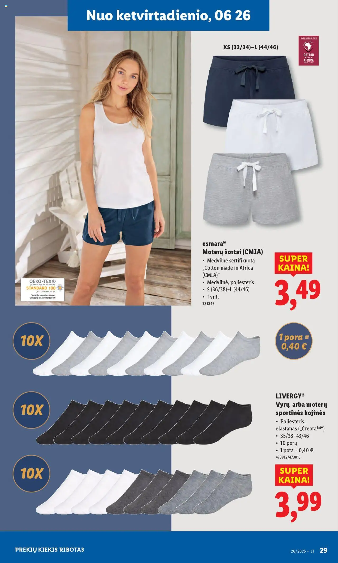 LIDL leidinys - Ne maisto prekių pasiūlymai│galioja nuo 23.06.2025 | Puslapis: 29 | Prekių: Šortai, Kojinės