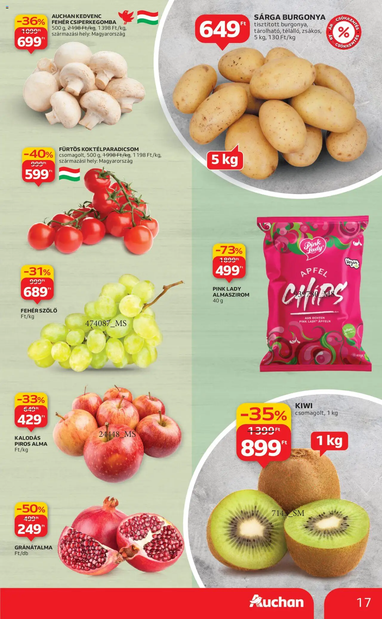 Auchan akciós ujság - amely érvényes a következő dátumtól: 09.10.2025 | Oldal: 17 | Termékek: Szőlő, Chips, Gránátalma, Vegán