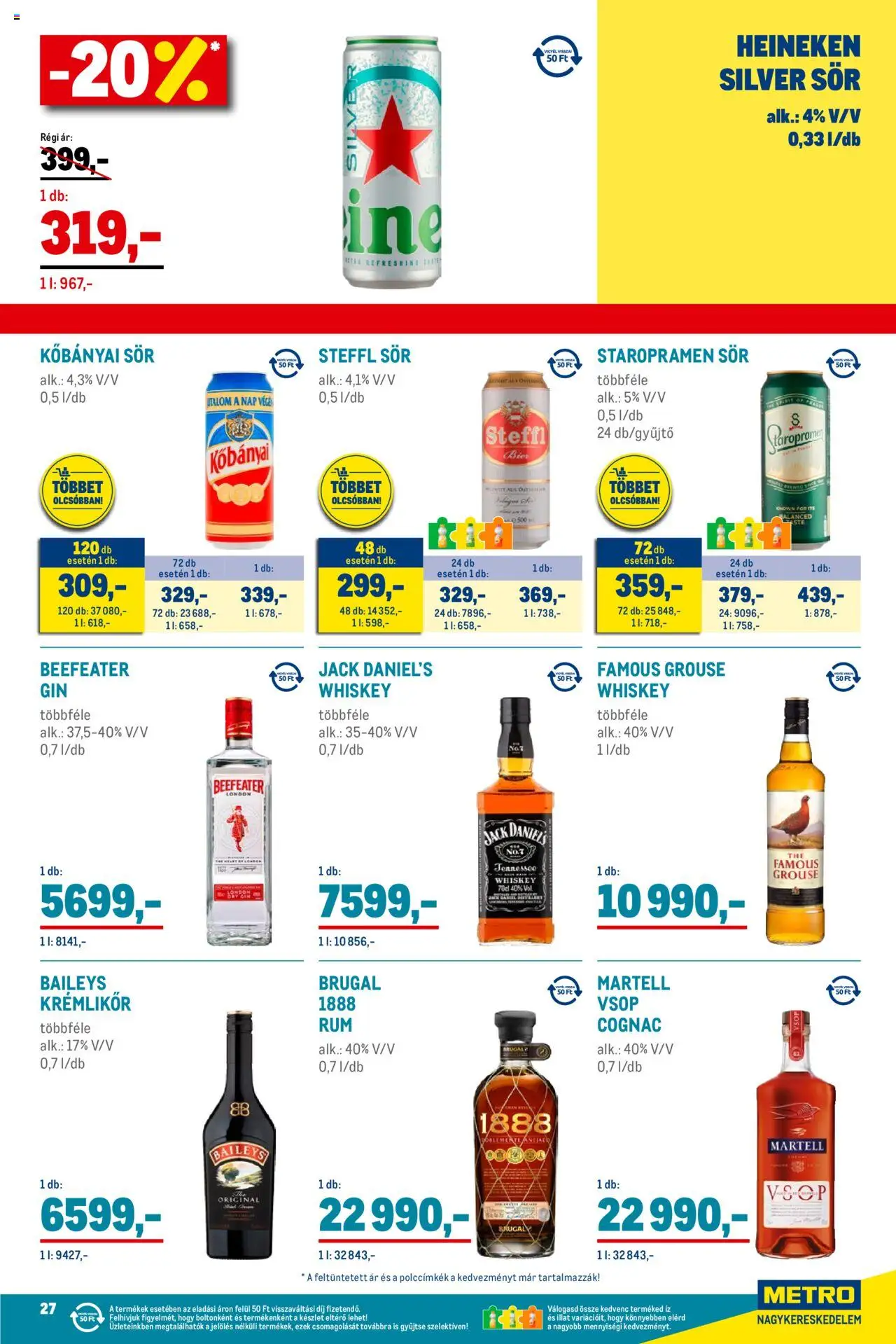 Metro akciós ujság - amely érvényes a következő dátumtól: 01.10.2025 | Oldal: 27 | Termékek: Whiskey, Heineken, Krémlikőr, Steffl sör