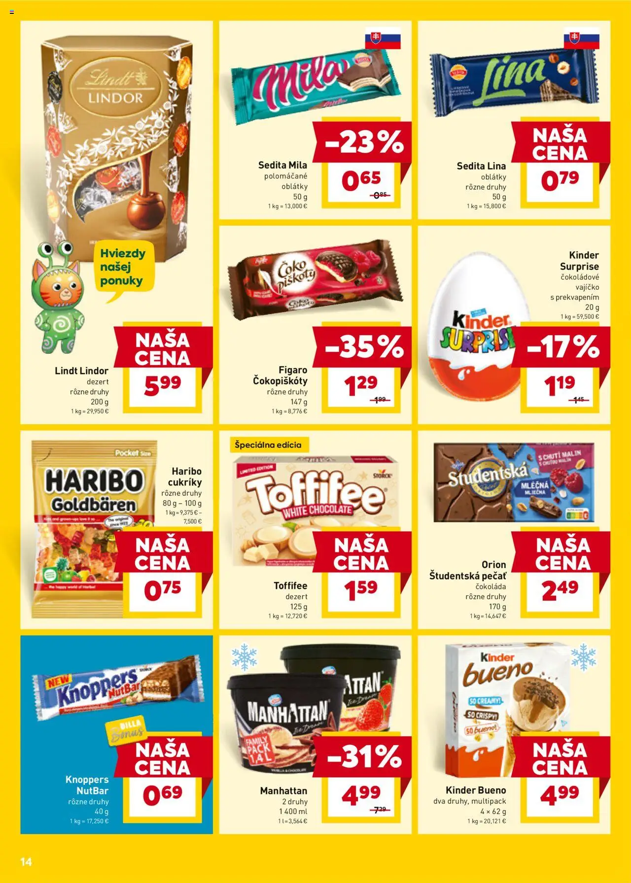 Nové Billa akcie – leták je platný od 01.10.2025 | Strana: 14 | Produkty: Kinder, Kinder Surprise, Toffifee, Mila