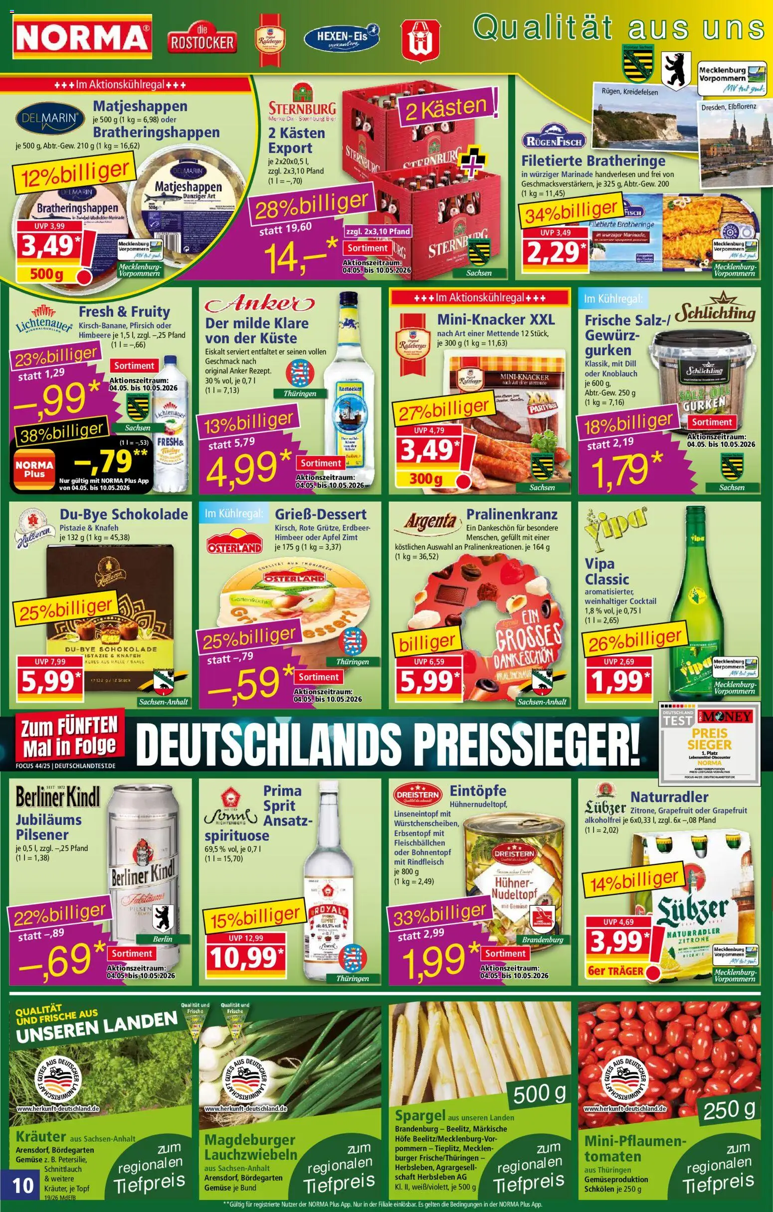 Norma Prospekt 	 – gültig ab 04.05.2026 | Seite: 10 | Produkte: Schokolade, Bier, Fisch, Gurken