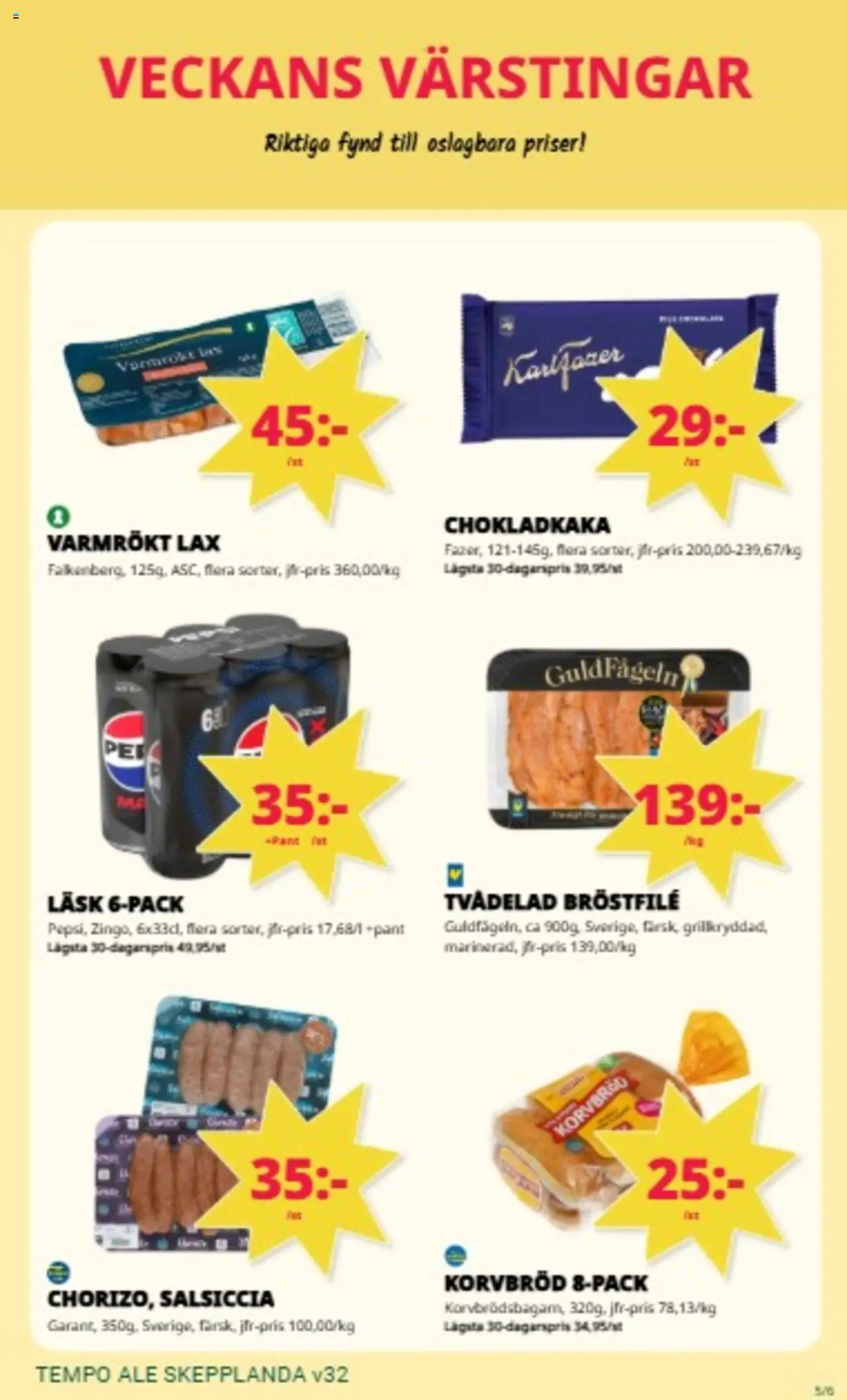 Tempo reklamblad aktuell från 04.08.2025 | Sida: 5 | Produkter: Chokladkaka, Korvbröd, Lax