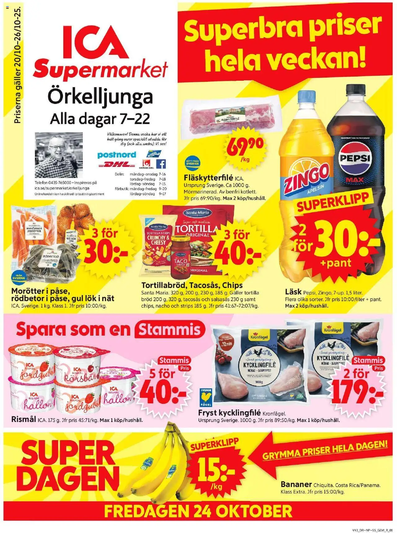 ICA Supermarket reklamblad aktuell från 20.10.2025 | Sida: 1 | Produkter: Pepsi, Bröd, Bananer, Apelsin