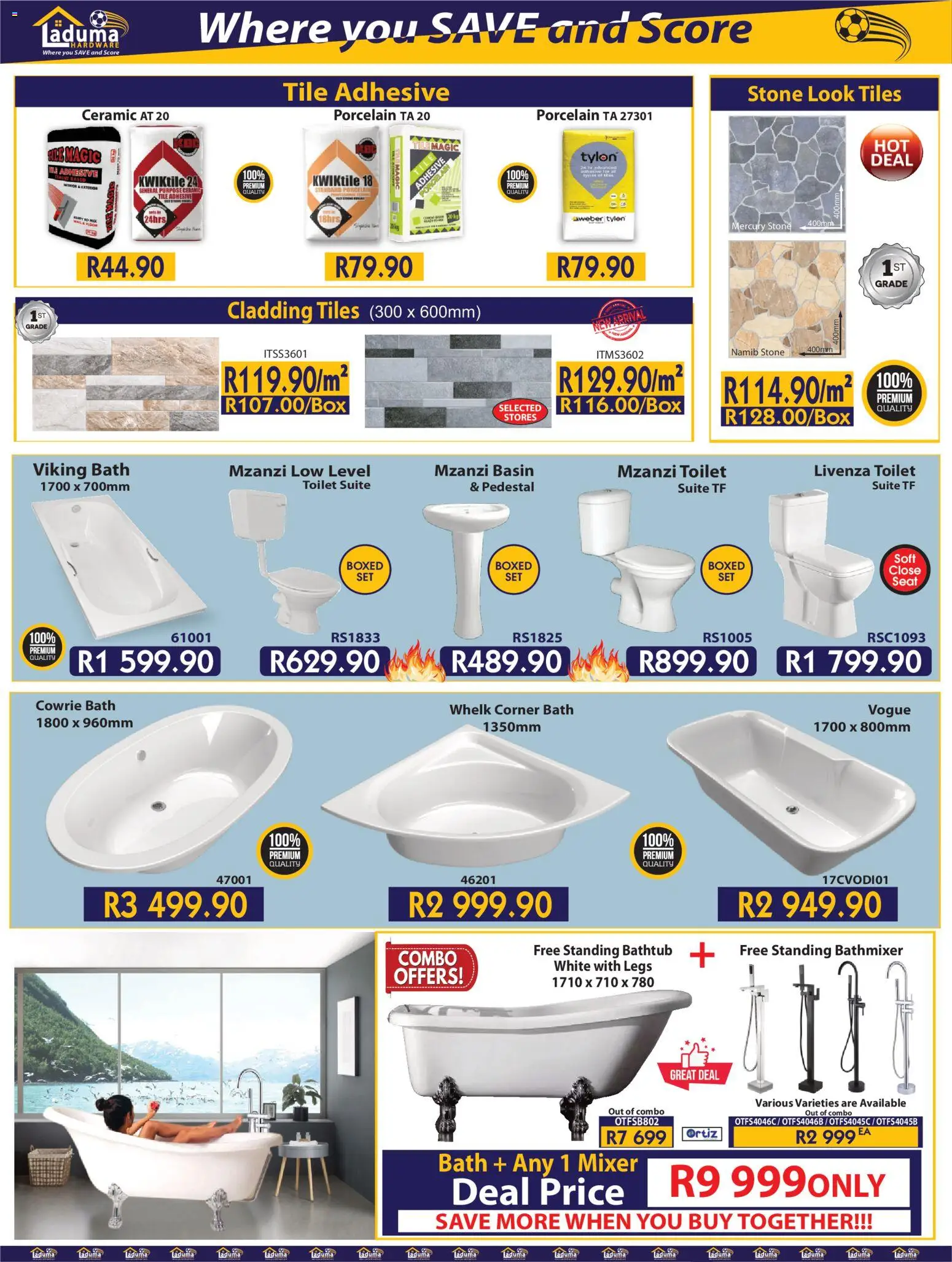 New Laduma Hardware catalogue – valid from 01.02.2026 | Page: 9 | Products: Bath, Adhesive, Basin, Cladding