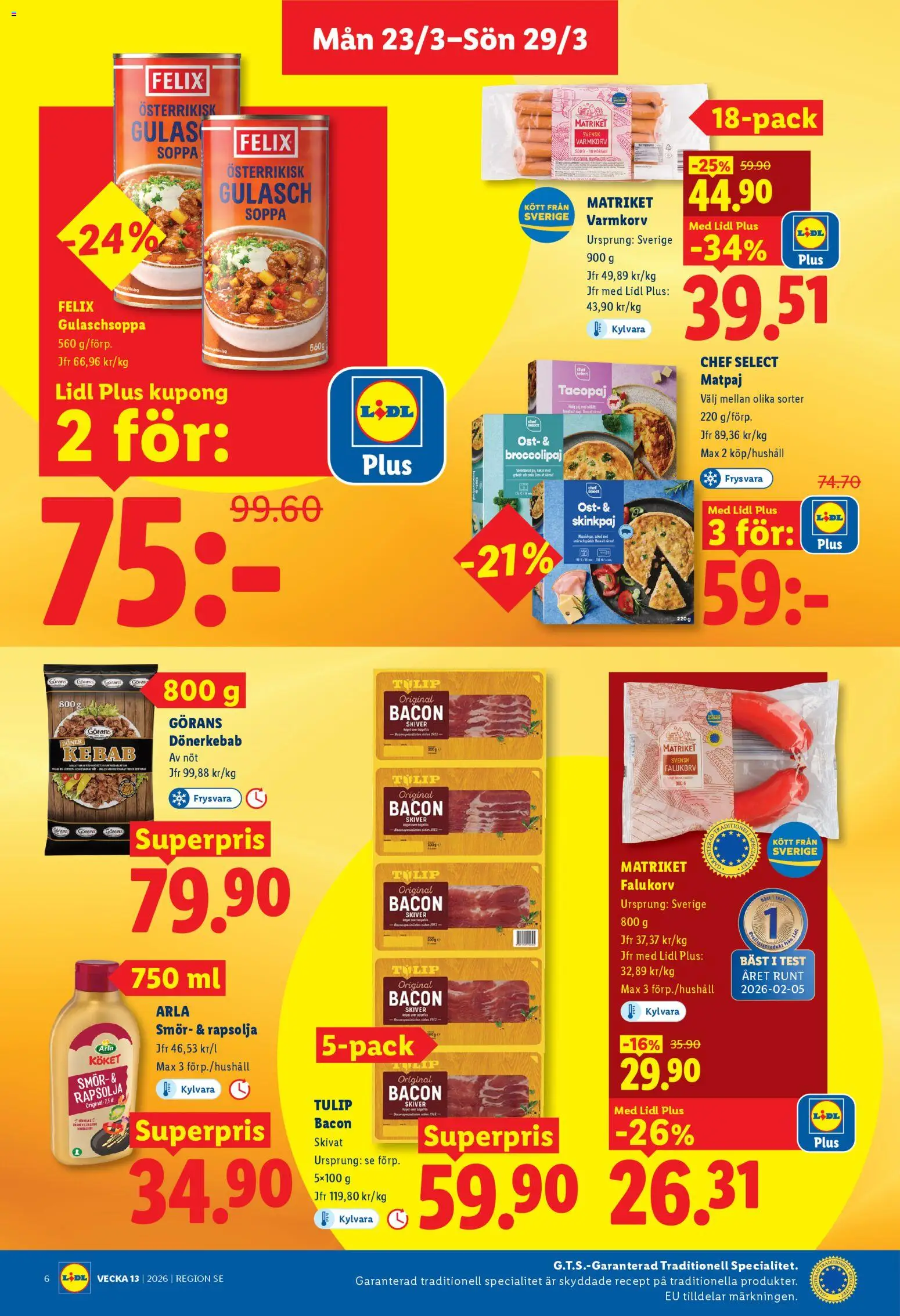 Lidl reklamblad aktuell från 23.03.2026 | Sida: 6 | Produkter: Varmkorv, Falukorv, Smör, Rapsolja