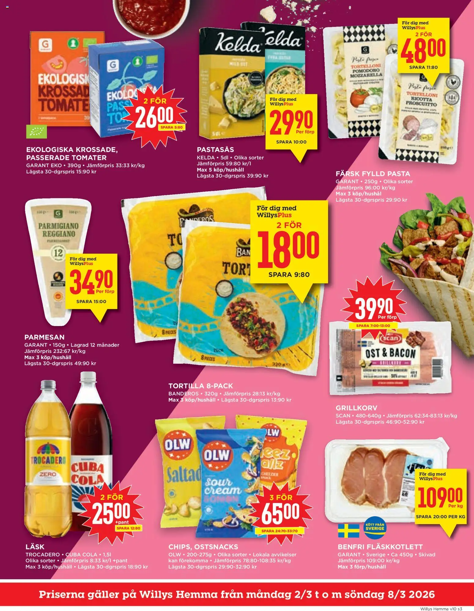 Willys reklamblad aktuell från 02.03.2026 | Sida: 3 | Produkter: Bacon, Galler, Ost, Pasta