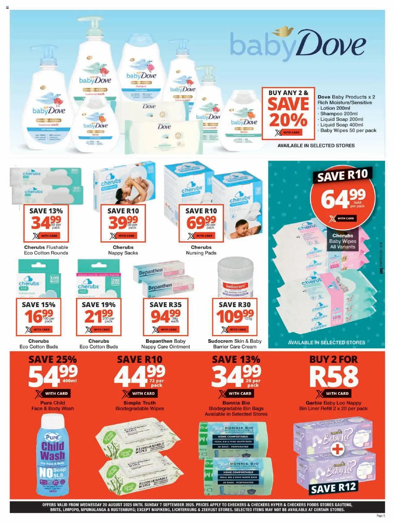 Checkers Gauteng - Baby Promotion │ valid from 20.08.2025 | Page: 5 | Products: Shampoo, Cream, Body wash, Cotton buds