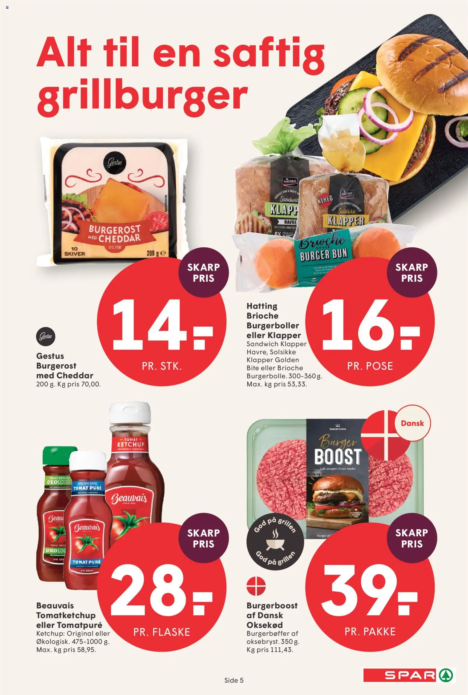 Spar tilbudsavis – gyldig fra 01.05.2026 | Side: 5 | Produkter: Cheddar, Oksekød, Burgerboller, Tomatpuré