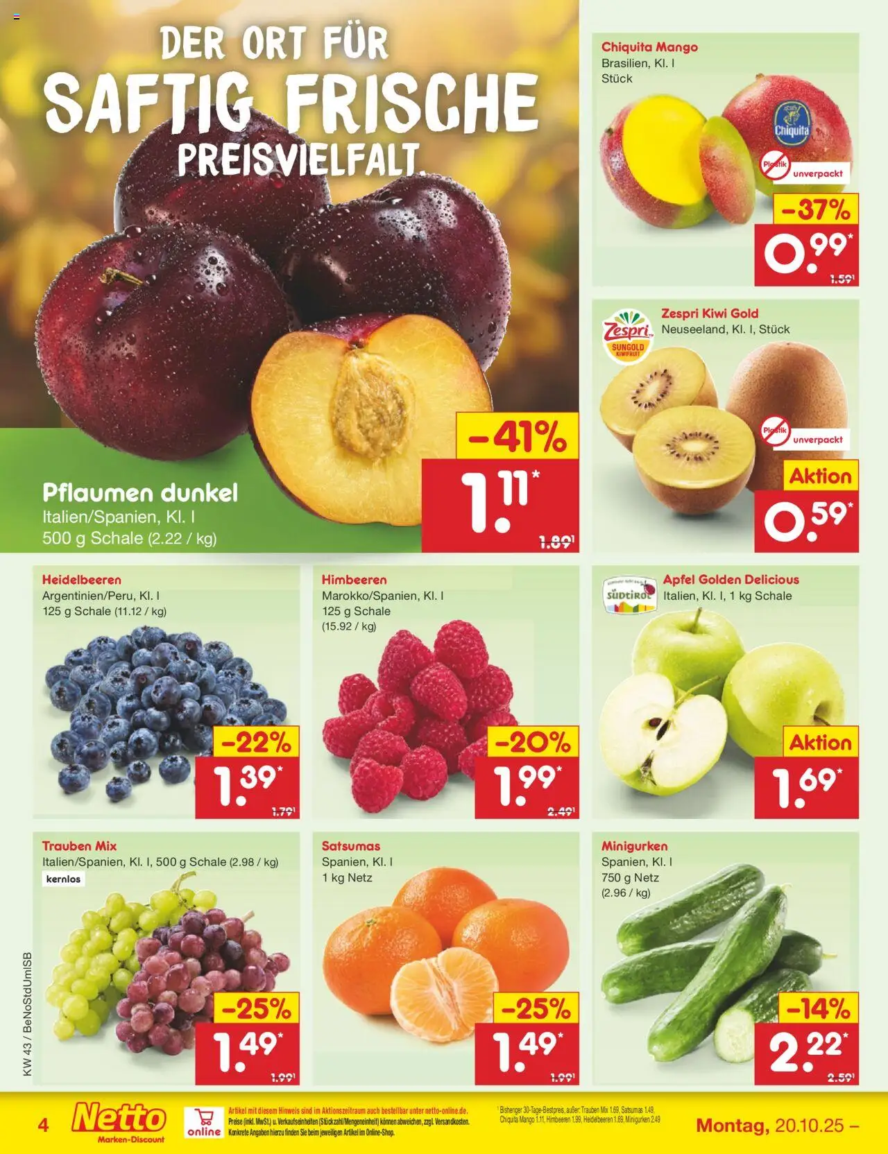 Netto Marken-Discount Prospekt 	 – gültig ab 20.10.2025 | Seite: 6 | Produkte: Trauben, Äpfel, Heidelbeeren, Kiwi