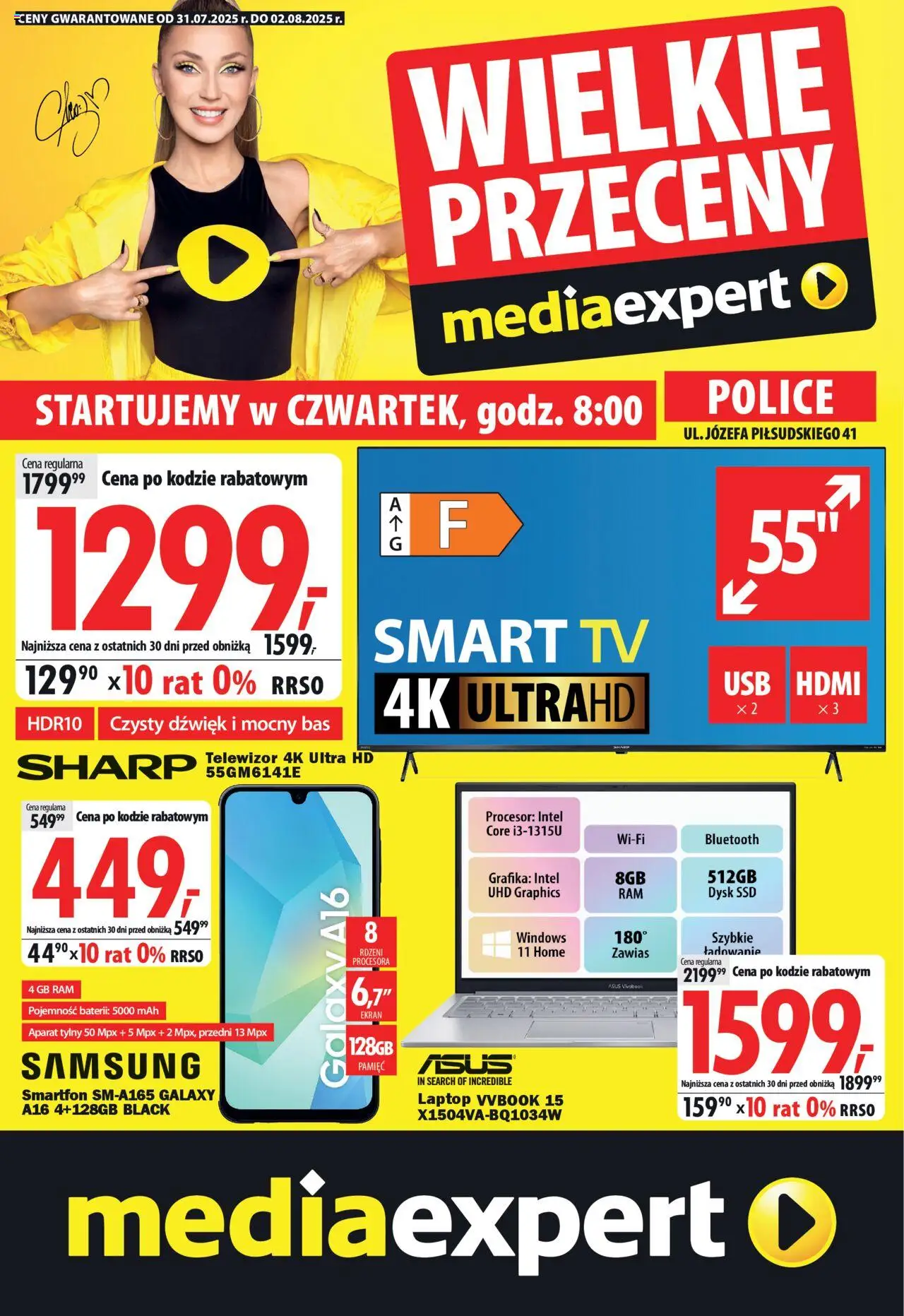 Mediaexpert Gazetka - Wielkie przeceny Police, ul. Józefa Piłsudskiego 41 od 31.07.2025 | Strona: 1 | Produkty: Smartfon, Laptop, Telewizor, Dysk