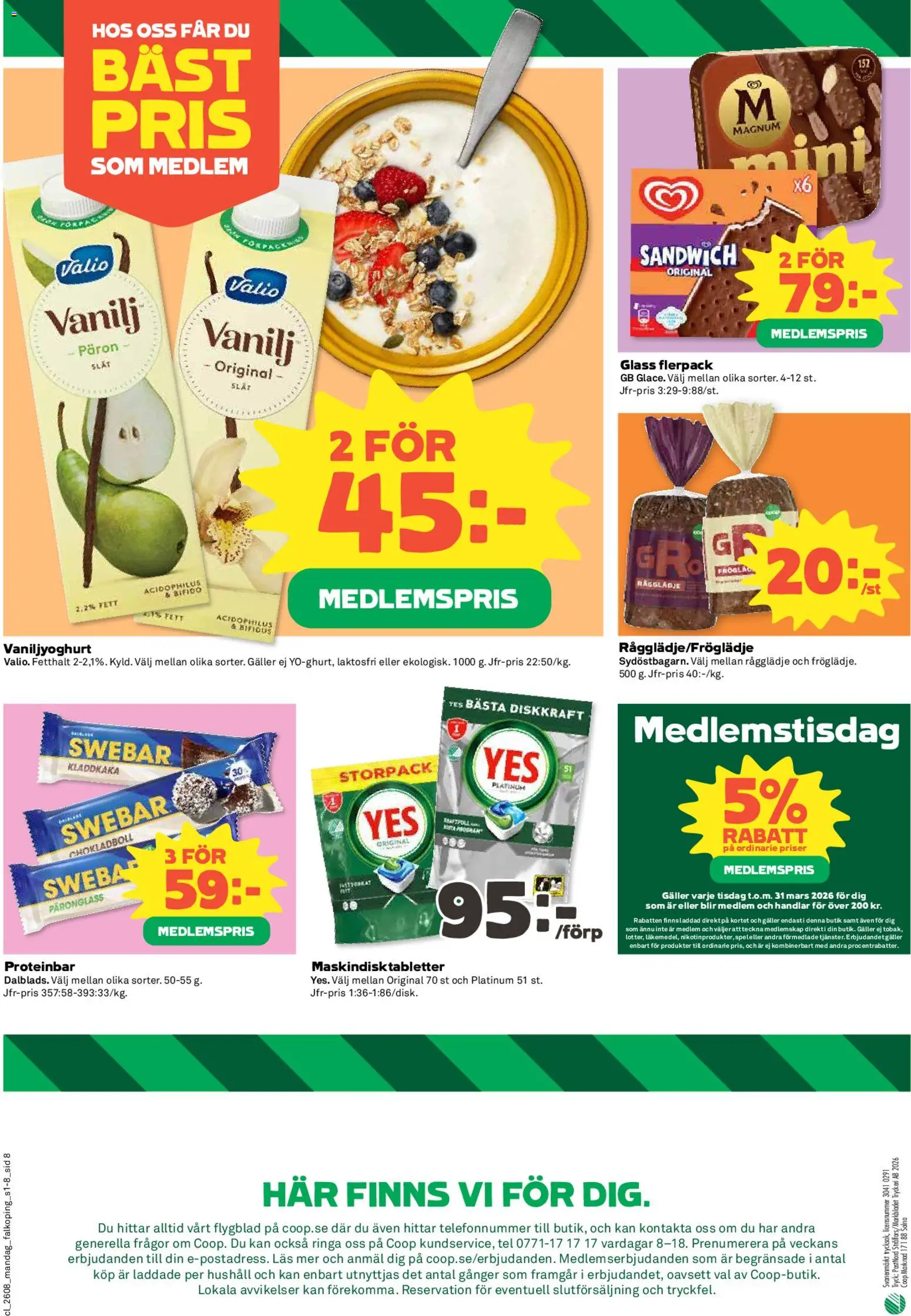 Coop reklamblad aktuell från 16.02.2026 | Sida: 8 | Produkter: Sandwich, Proteinbar, Kladdkaka, Glass