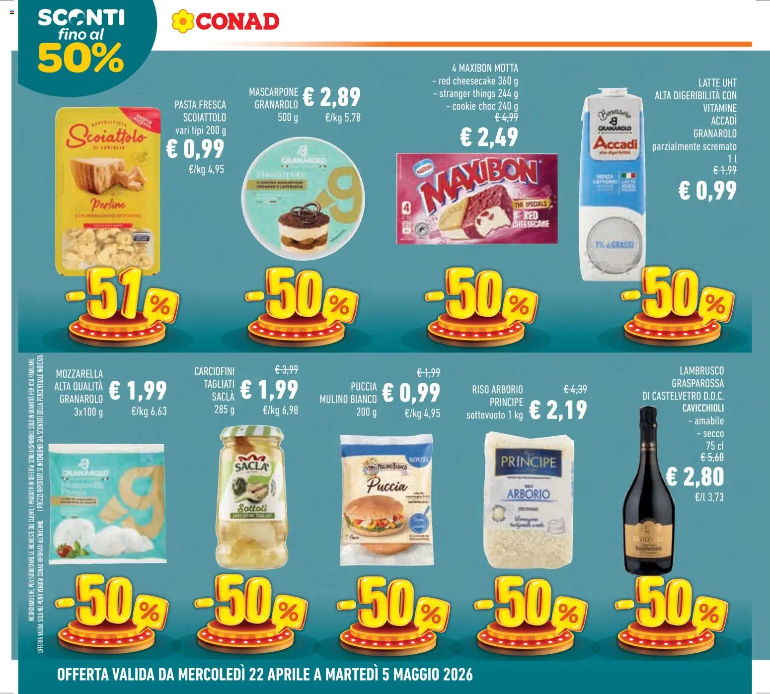 Volantino Conad del 22.04.2026 | Pagina: 6 | Prodotti: Riso, Latte, Pasta, The